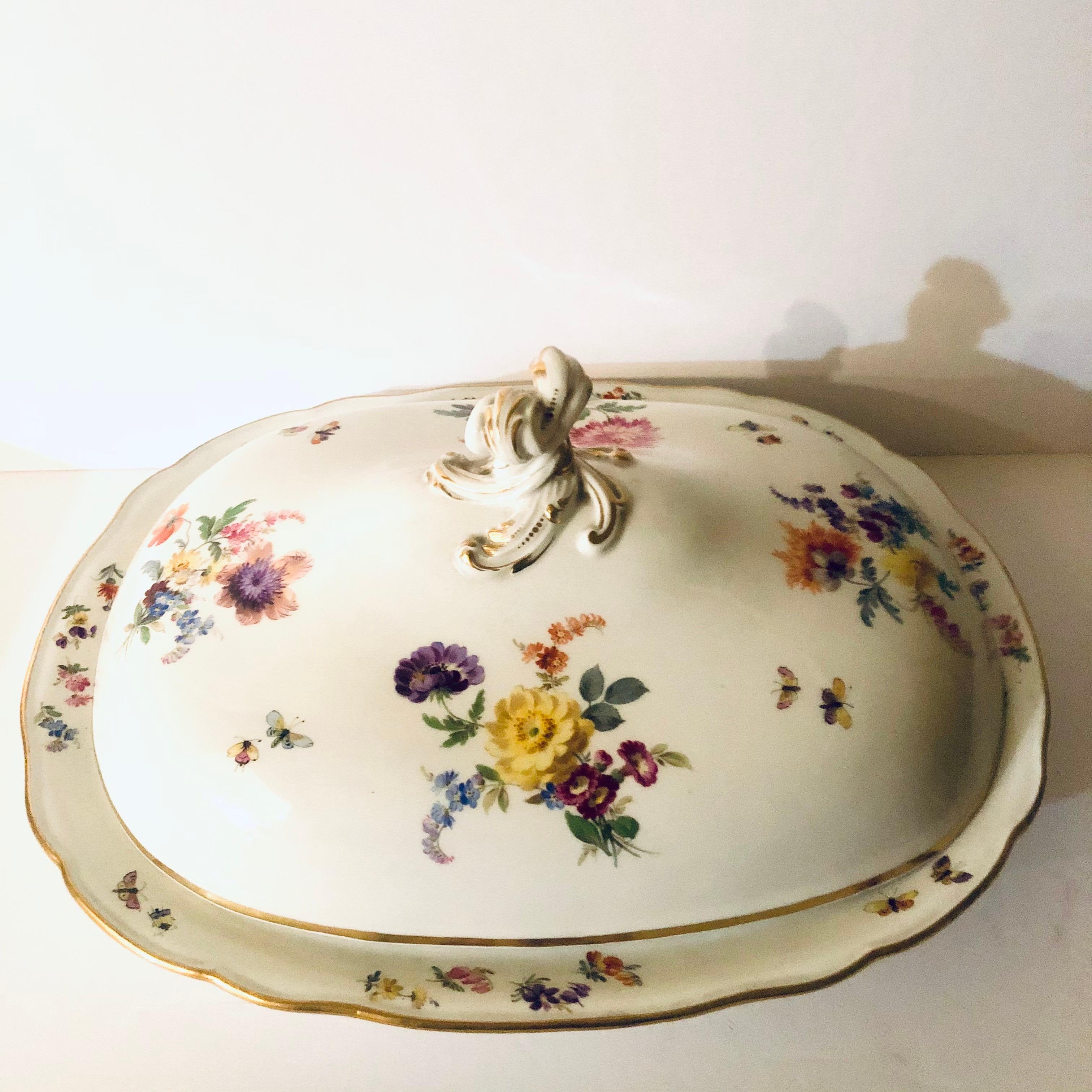 Romantic Large Meissen Covered Serving Bowl with Four Painted Bouquets of Flowers For Sale