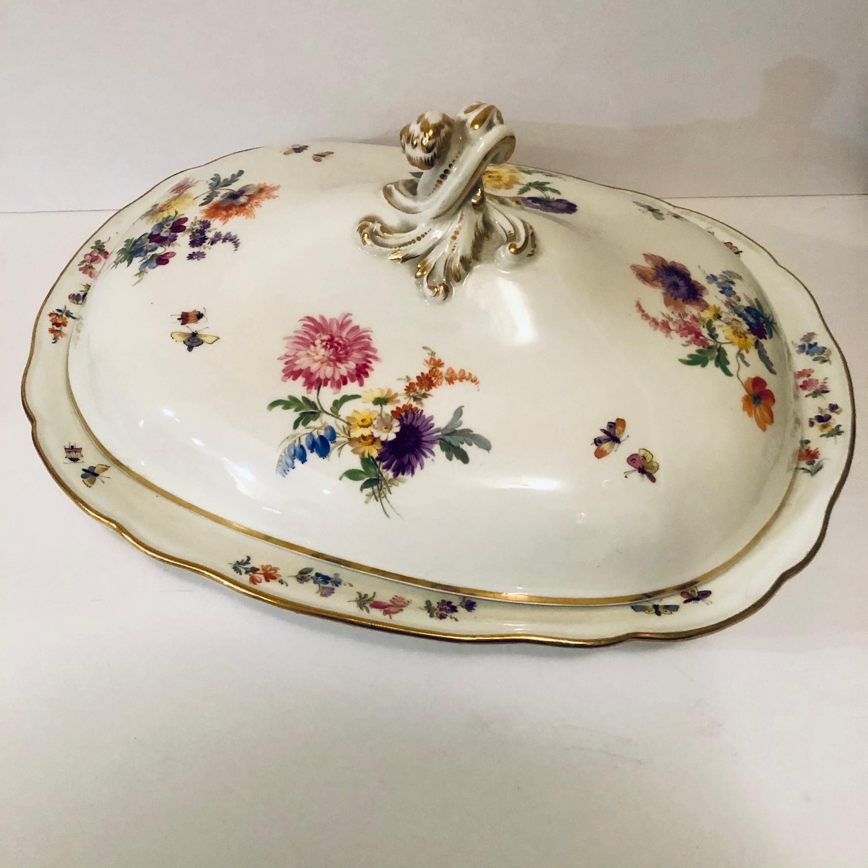 Porcelain Large Meissen Covered Serving Bowl with Four Painted Bouquets of Flowers For Sale
