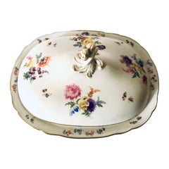 Large Meissen Covered Serving Bowl with Four Painted Bouquets of Flowers