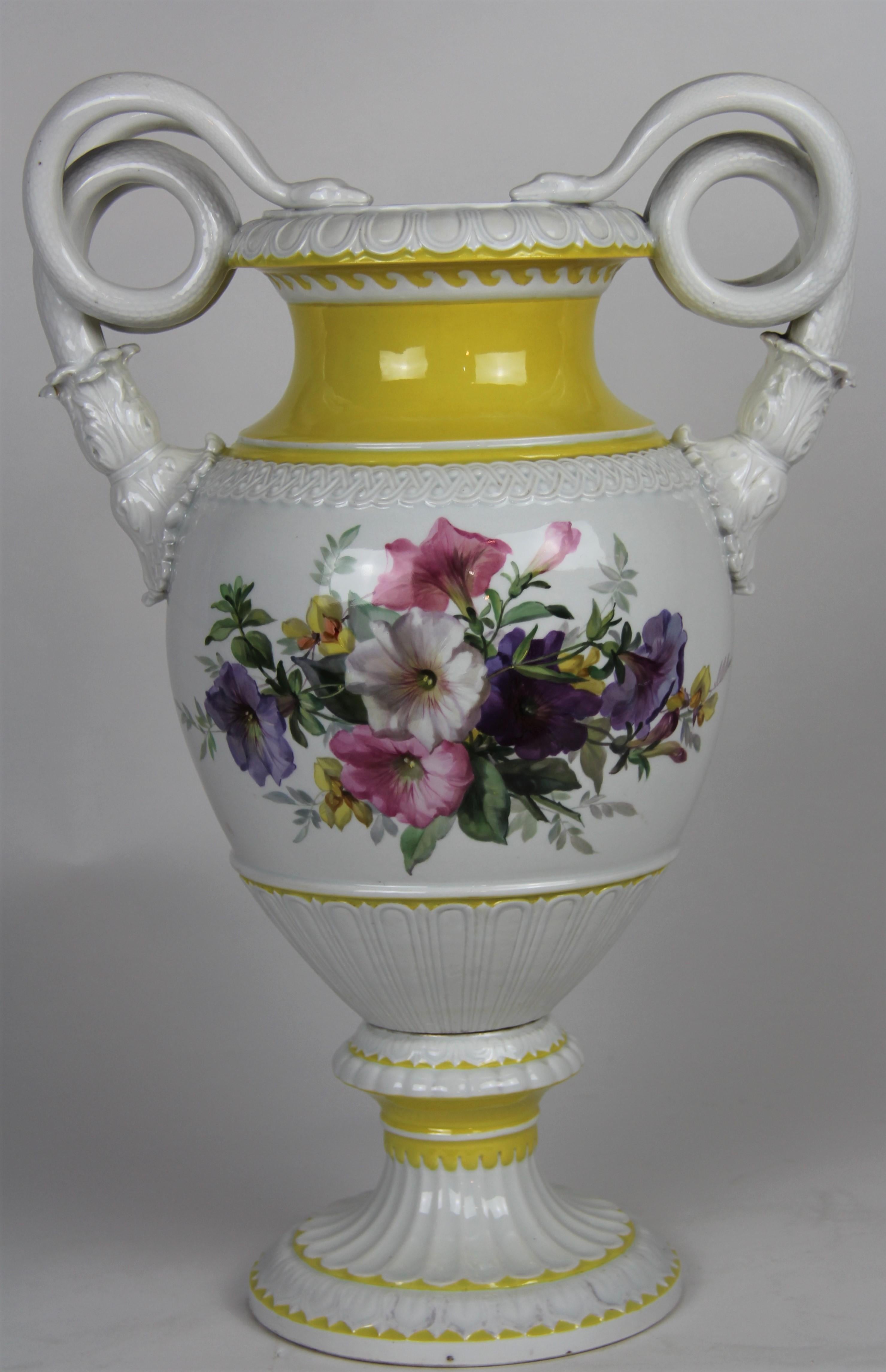 A Gorgeous and large Meissen double handle vase with Watteau lovers panel and flower panel scenes. The panels are completed after the works by Jean-Antoine Watteau, the most famous French Roccoco painter for lovers scenes. His works are in every