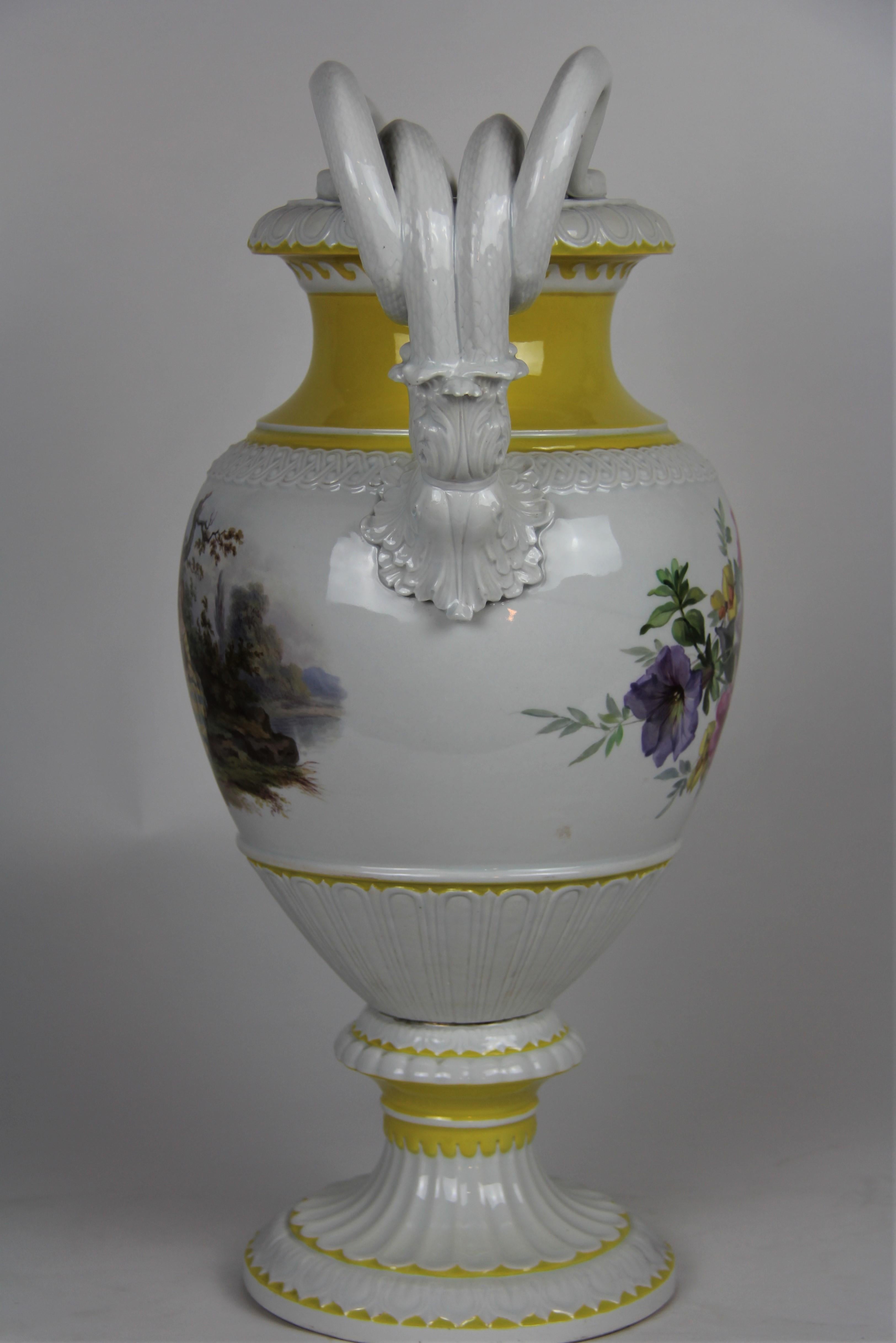 German Large Meissen Double Handle Vase w/ Lovers and Floral Panels after Watteau For Sale