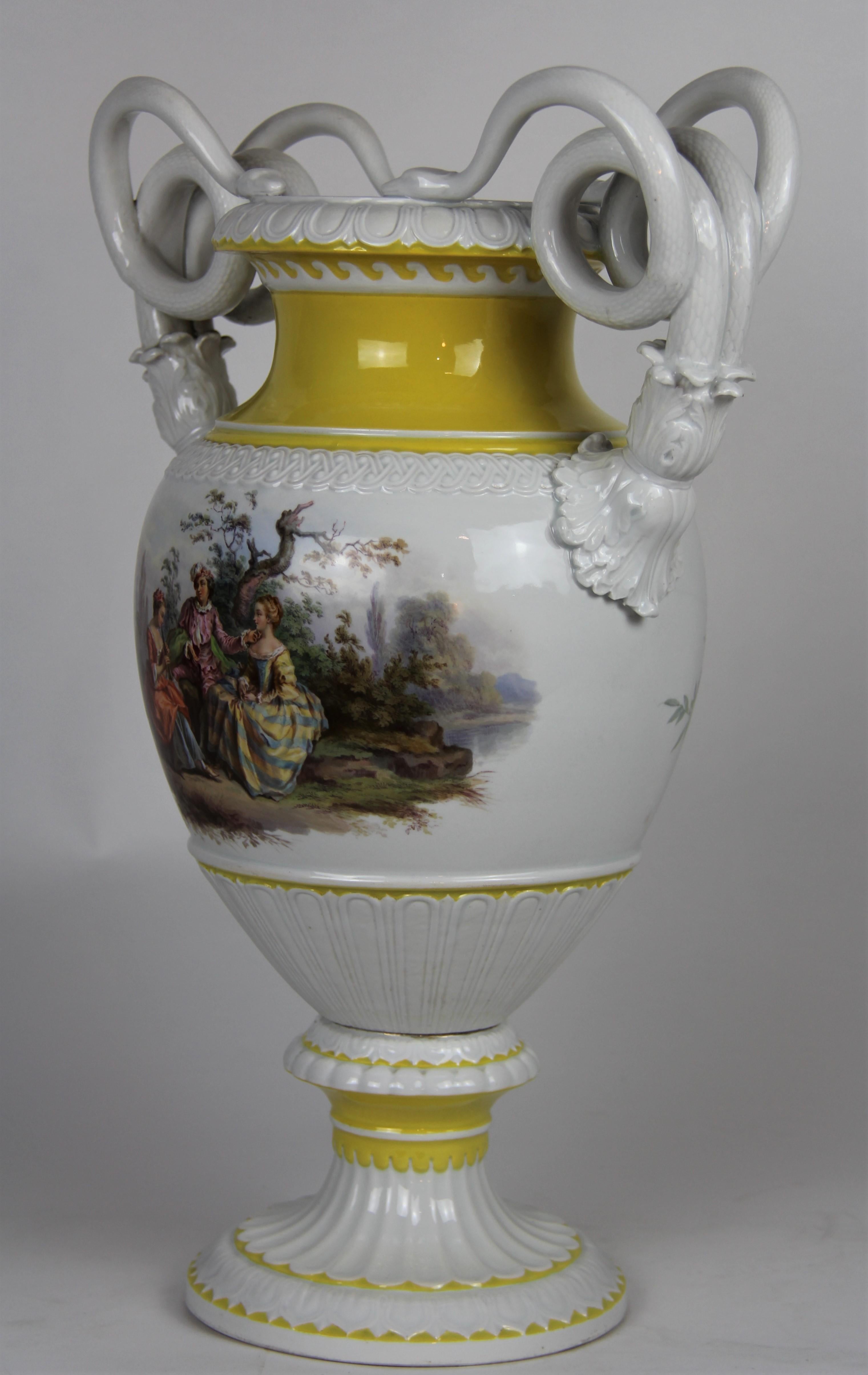Hand-Painted Large Meissen Double Handle Vase w/ Lovers and Floral Panels after Watteau For Sale