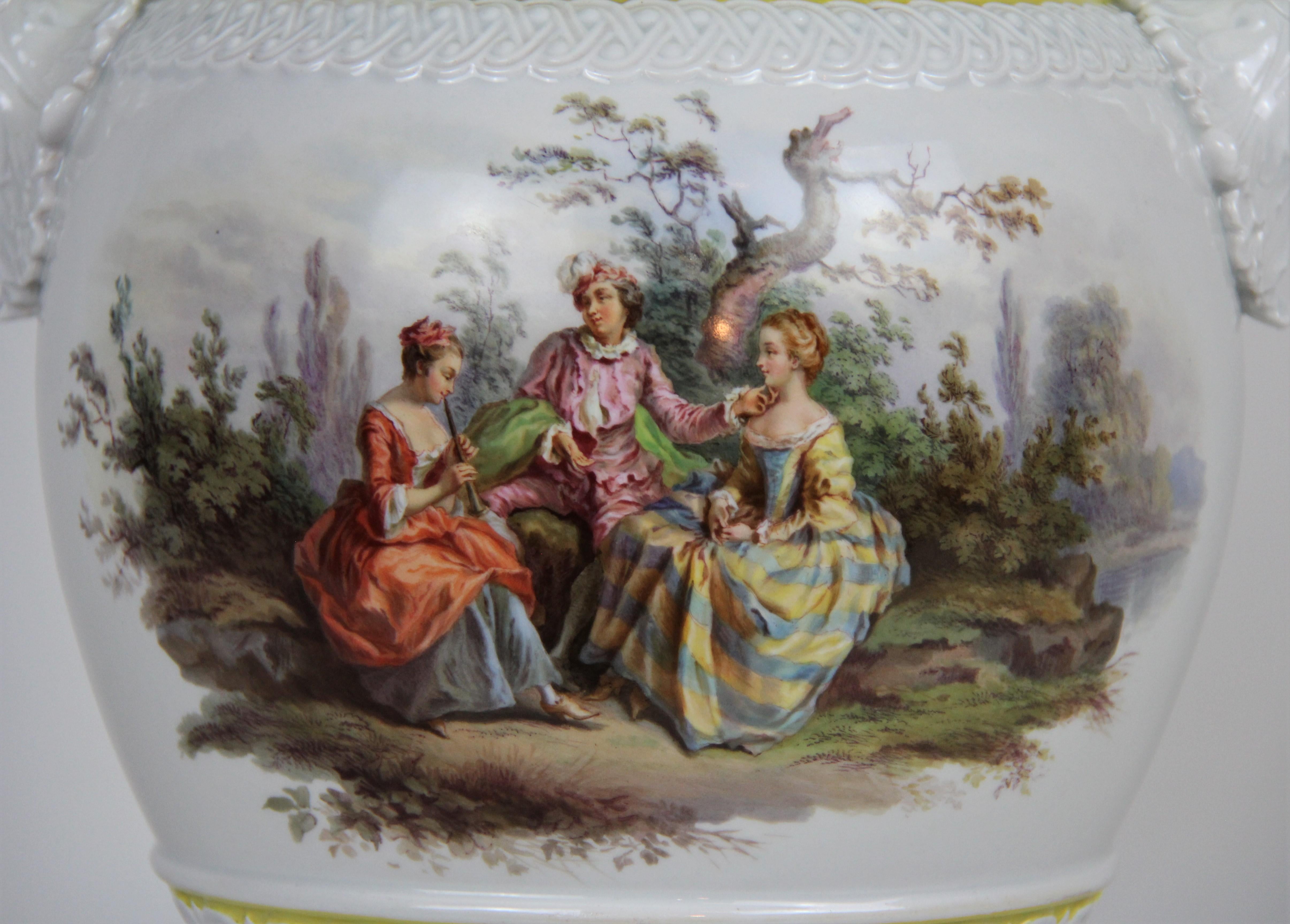 Large Meissen Double Handle Vase w/ Lovers and Floral Panels after Watteau For Sale 1