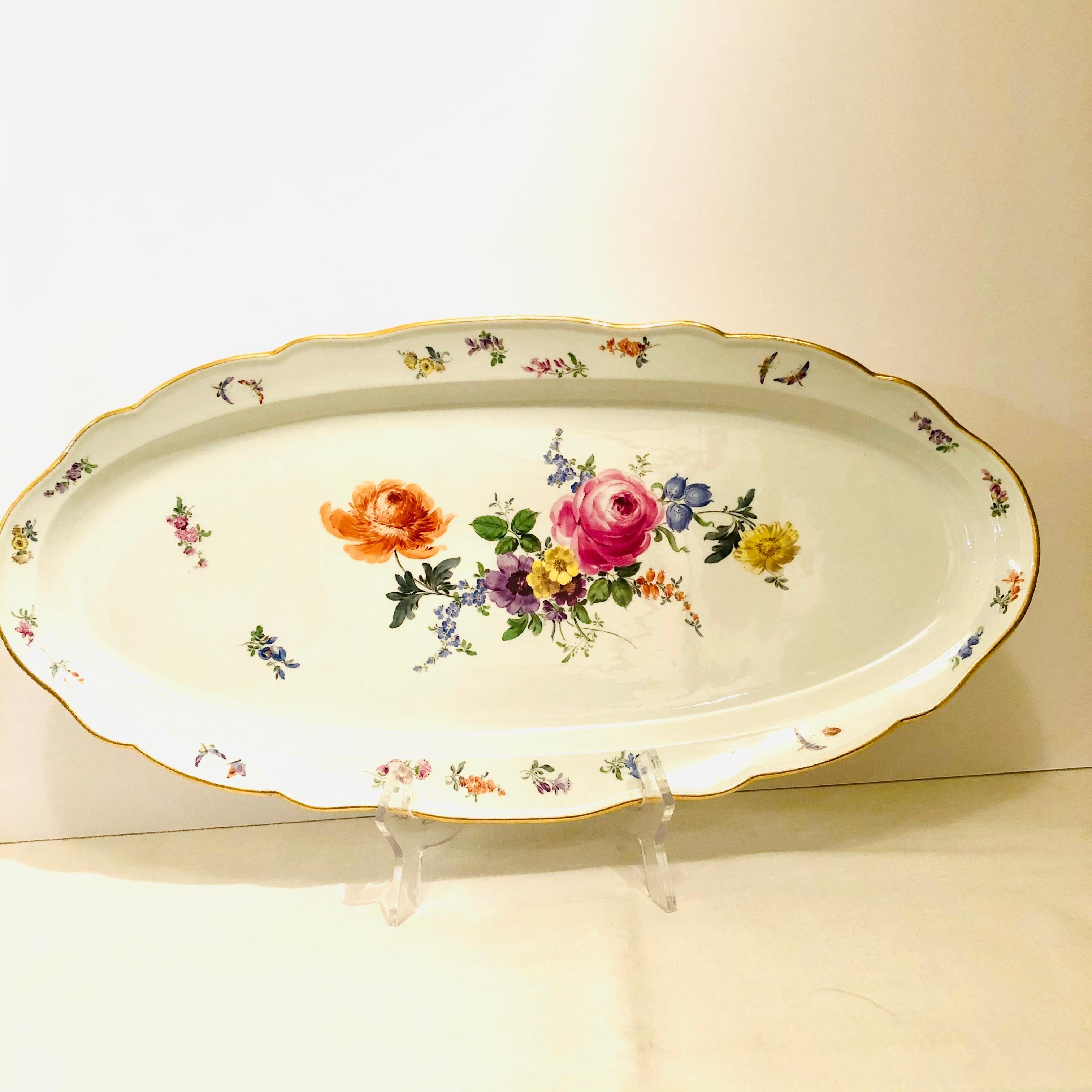 Romantic Large Meissen Fish Platter Painted with a Summer Flower Bouquet and Butterflies