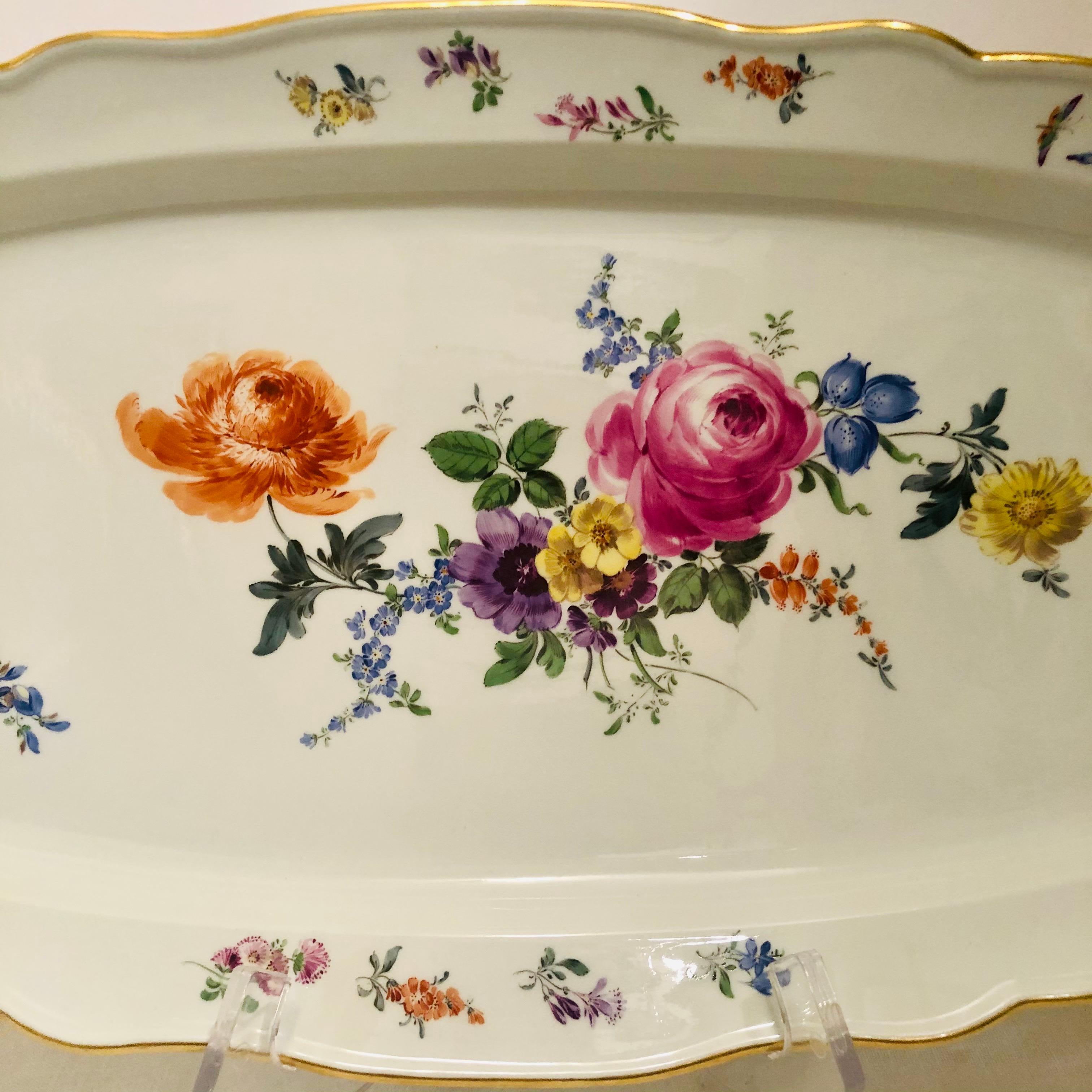 German Large Meissen Fish Platter Painted with a Summer Flower Bouquet and Butterflies