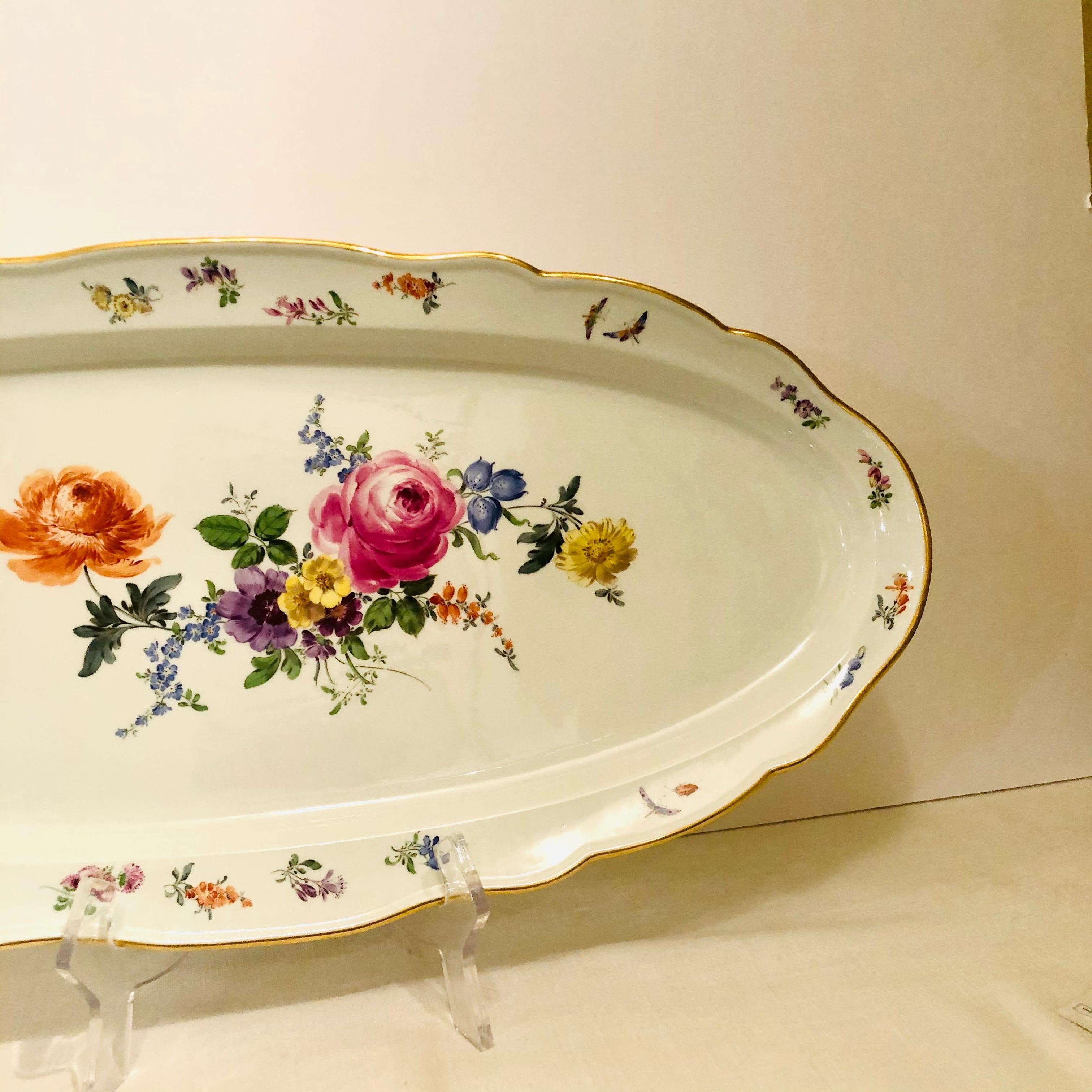 Hand-Painted Large Meissen Fish Platter Painted with a Summer Flower Bouquet and Butterflies