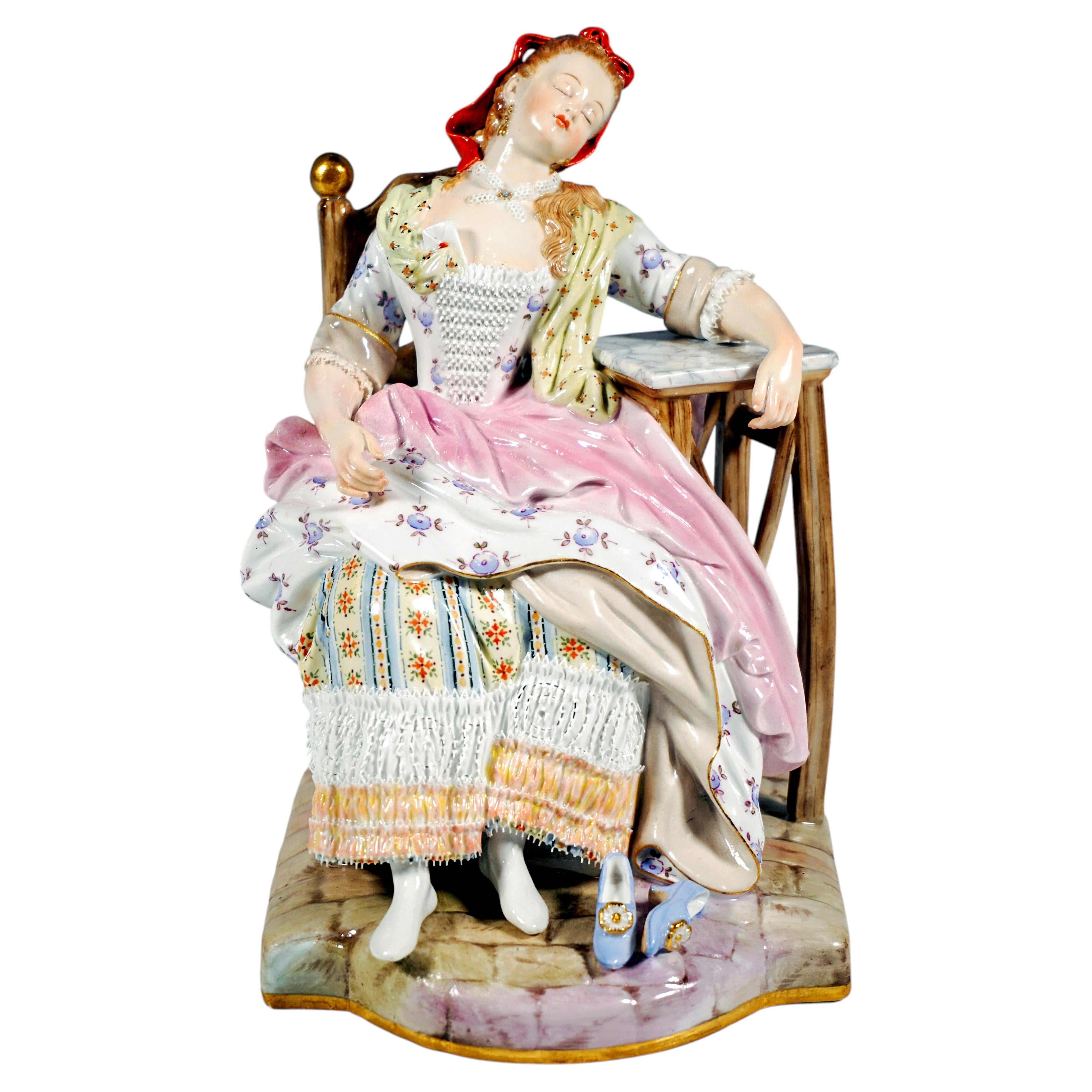 Pre-owned Michel Victor Acier 1 Large Meissen Genre Figurine, Louise Asleep, By M.v. Acier, Germany, Circa 1850 In Sand