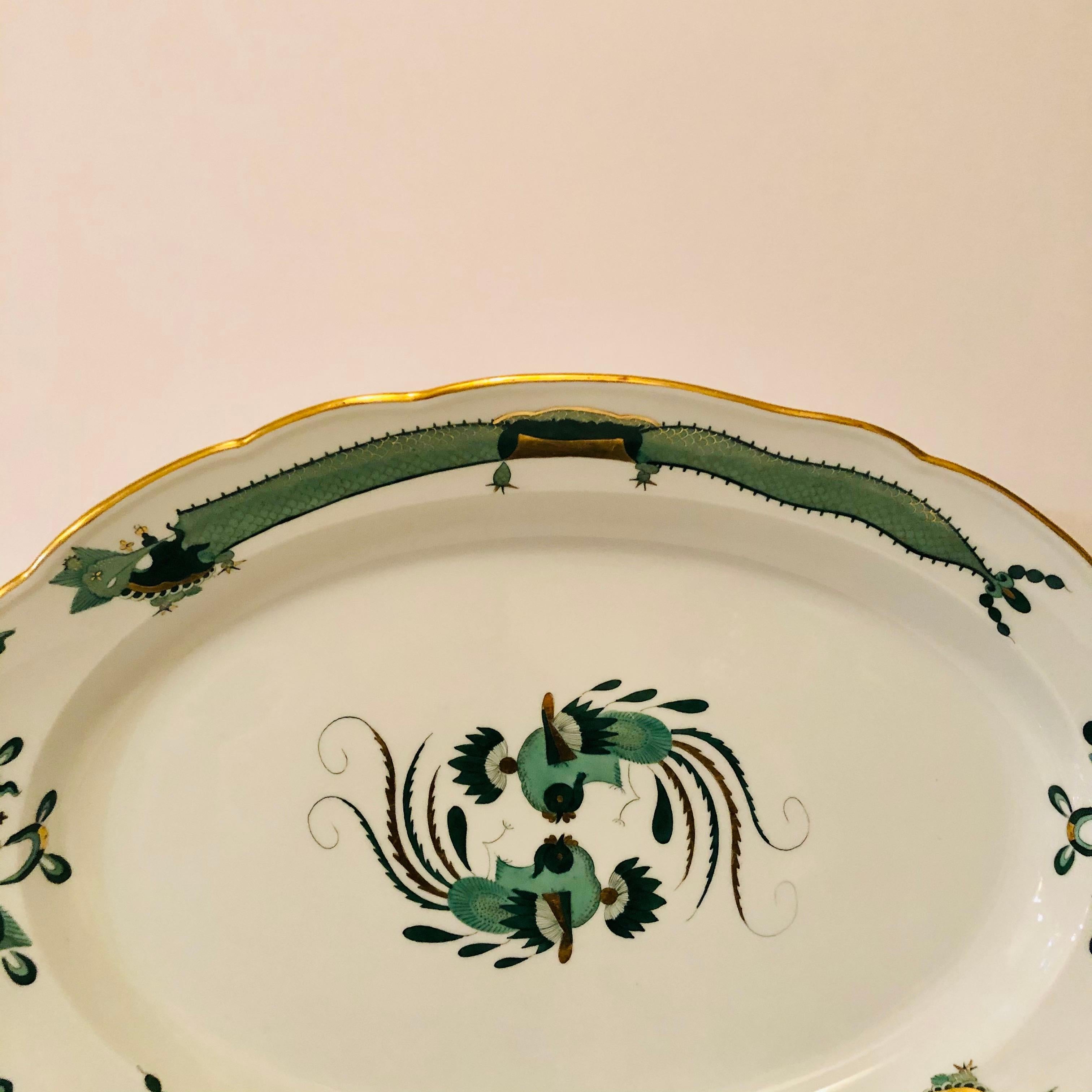 Other Large Meissen Green Court Dragon Platter Painted with Dragons and Phoenix Birds For Sale