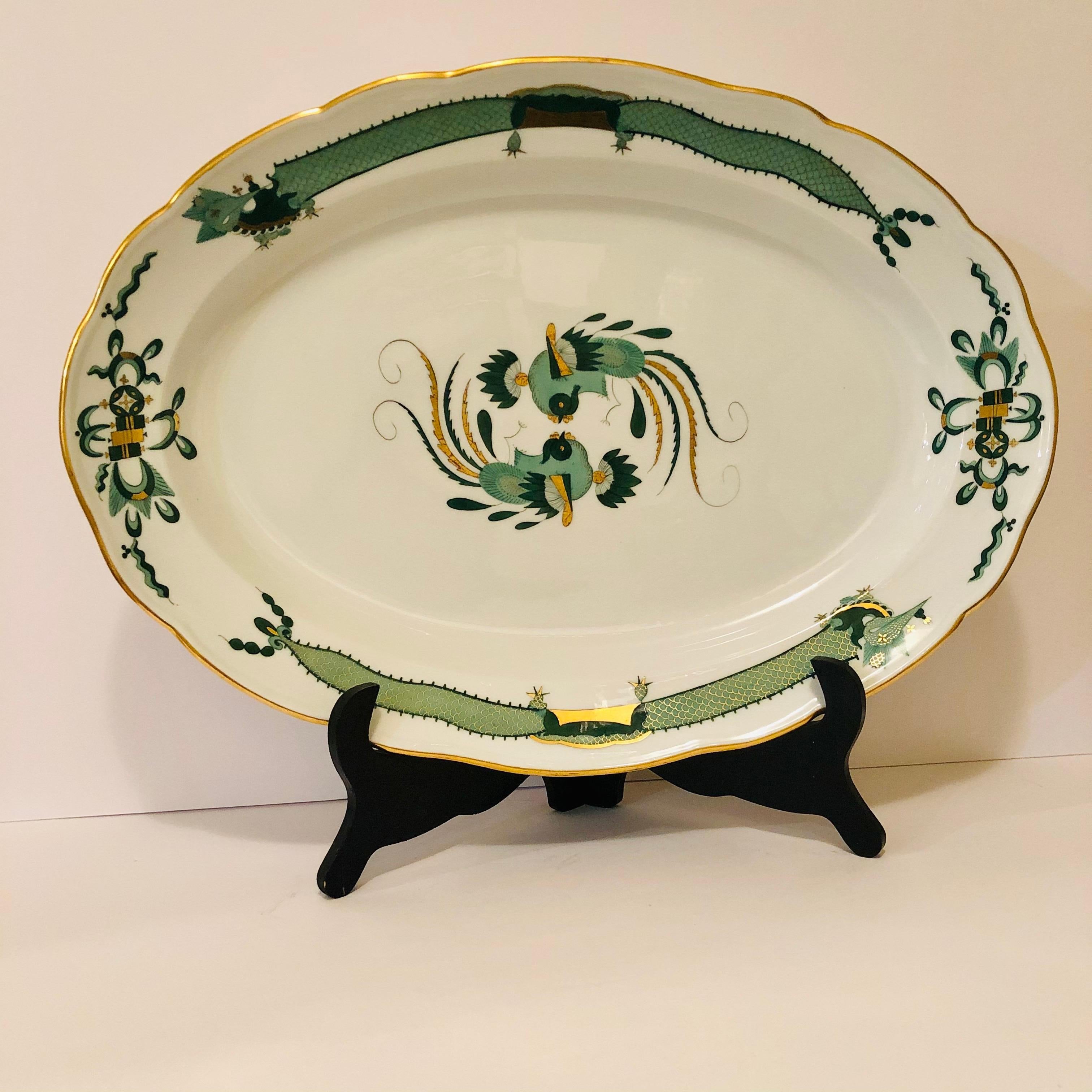 German Large Meissen Green Court Dragon Platter Painted with Dragons and Phoenix Birds For Sale