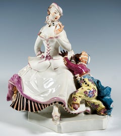 Grande gruppo di Meissen, donna in crinolina che gioca con un bambino, Paul Scheurich, metà del XX secolo