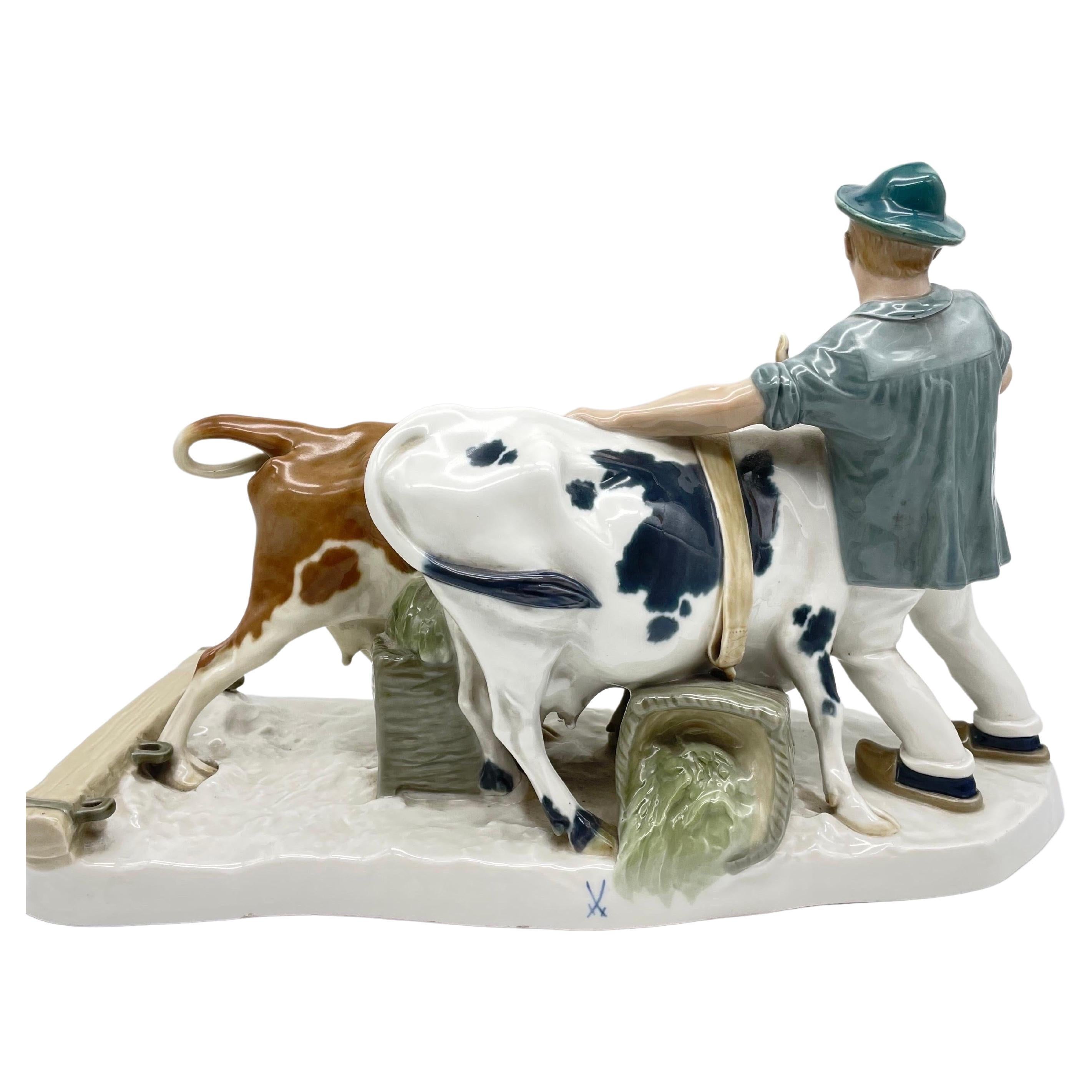 large antique Meissen (sword mark) group of figures farmer with oxen.

In the representation - farmer with oxen. Art Nouveau figure around 1920
Design: Otto Pilz. Form number H123.

Underglaze blue sword mark Meissen 1st choice around