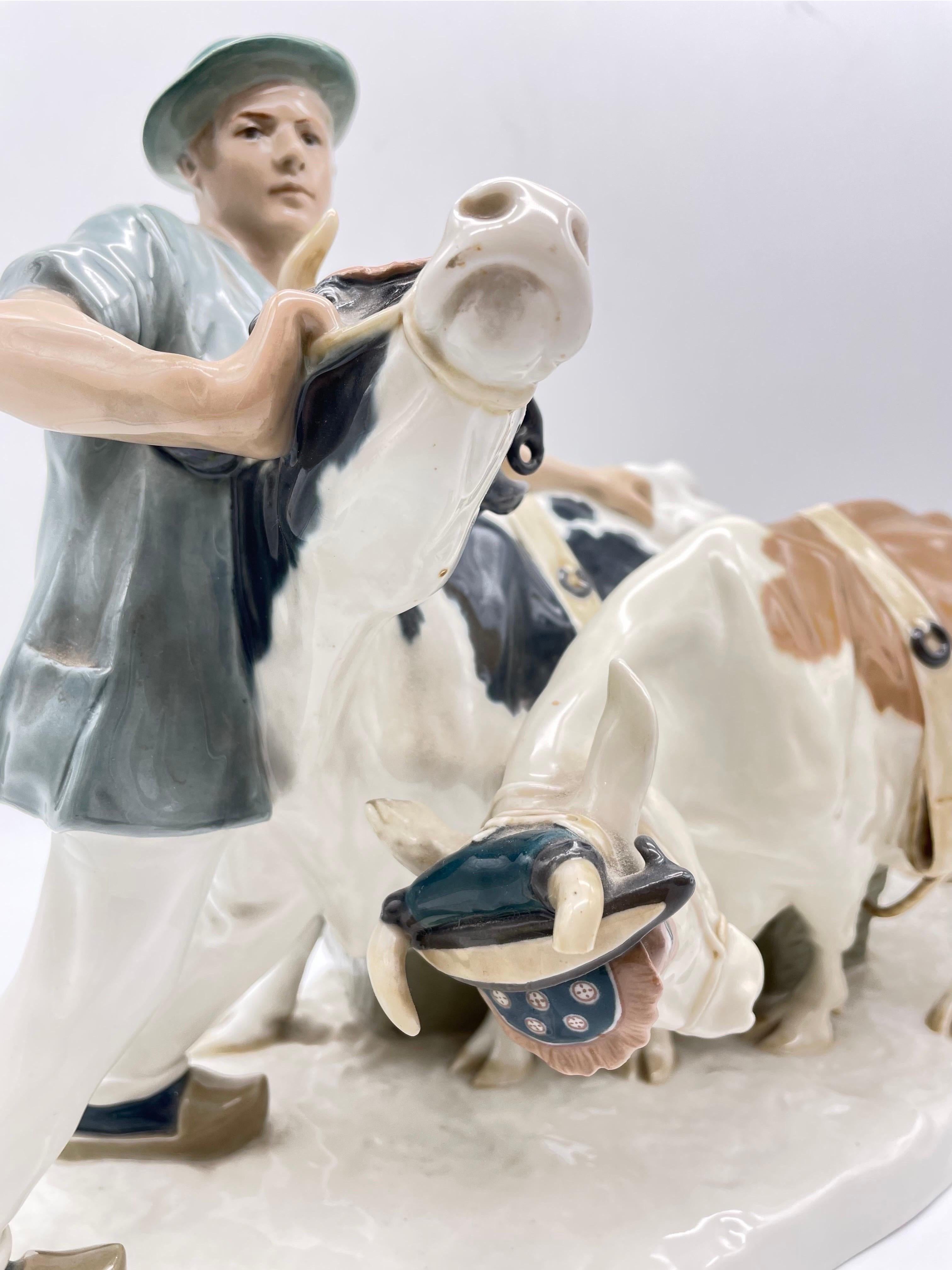 German Large Meissen Group of Figures Farmer with Oxen, Art Nouveau For Sale