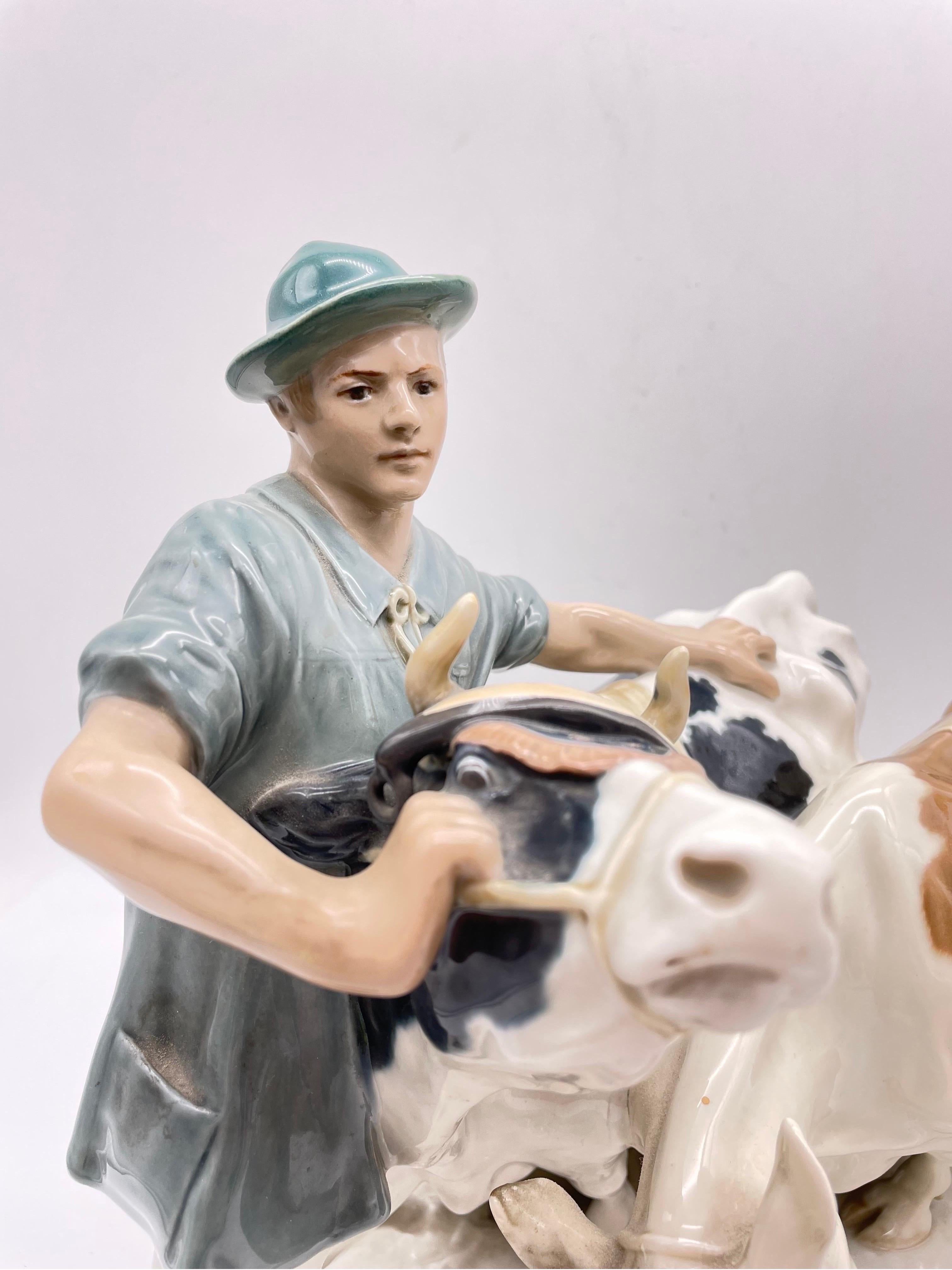 Hand-Painted Large Meissen Group of Figures Farmer with Oxen, Art Nouveau For Sale