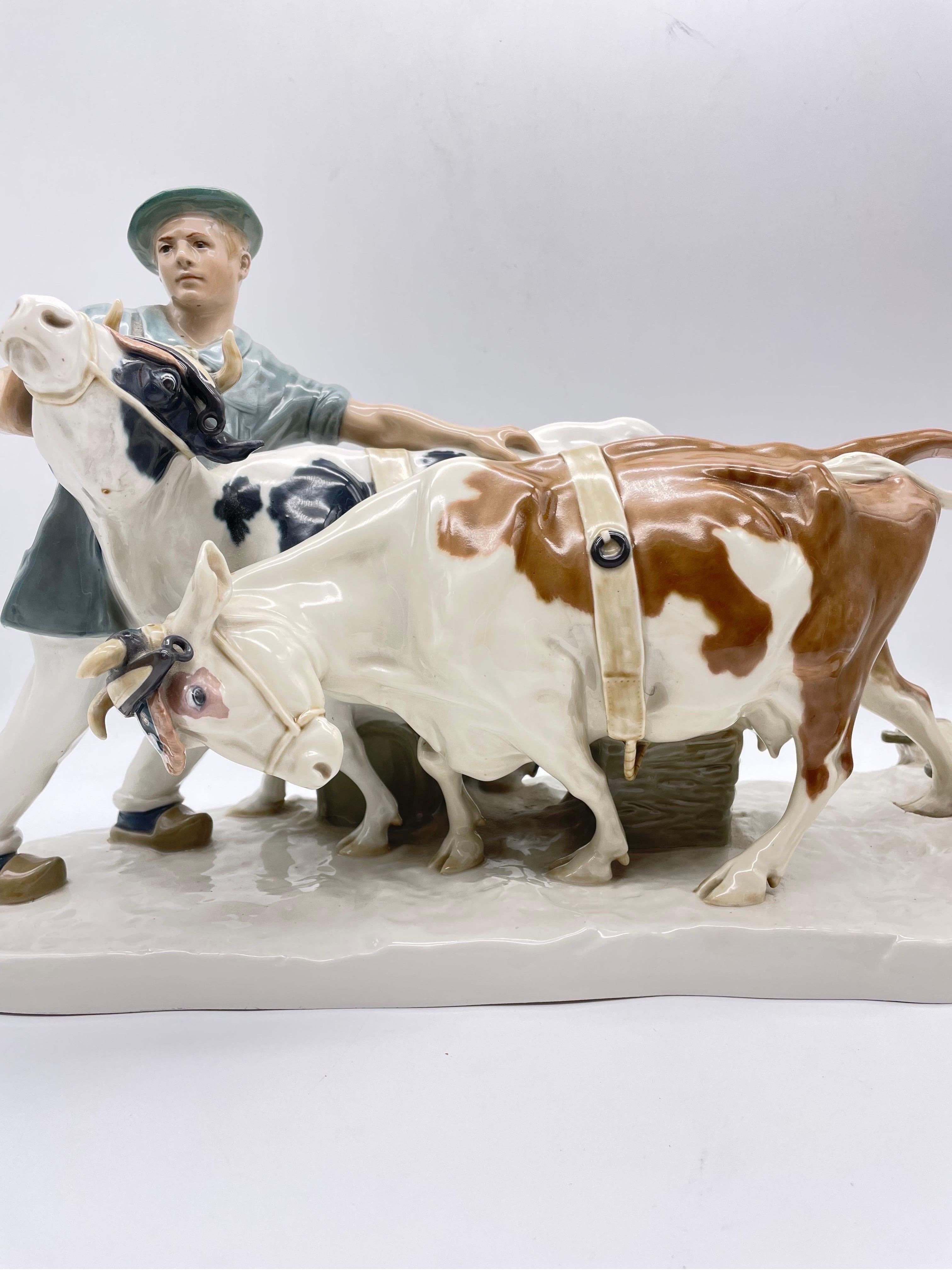 Gran Grupo Meissen de Figuras Granjero con Bueyes, Art Nouveau en Bueno estado para la venta en Berlin, DE