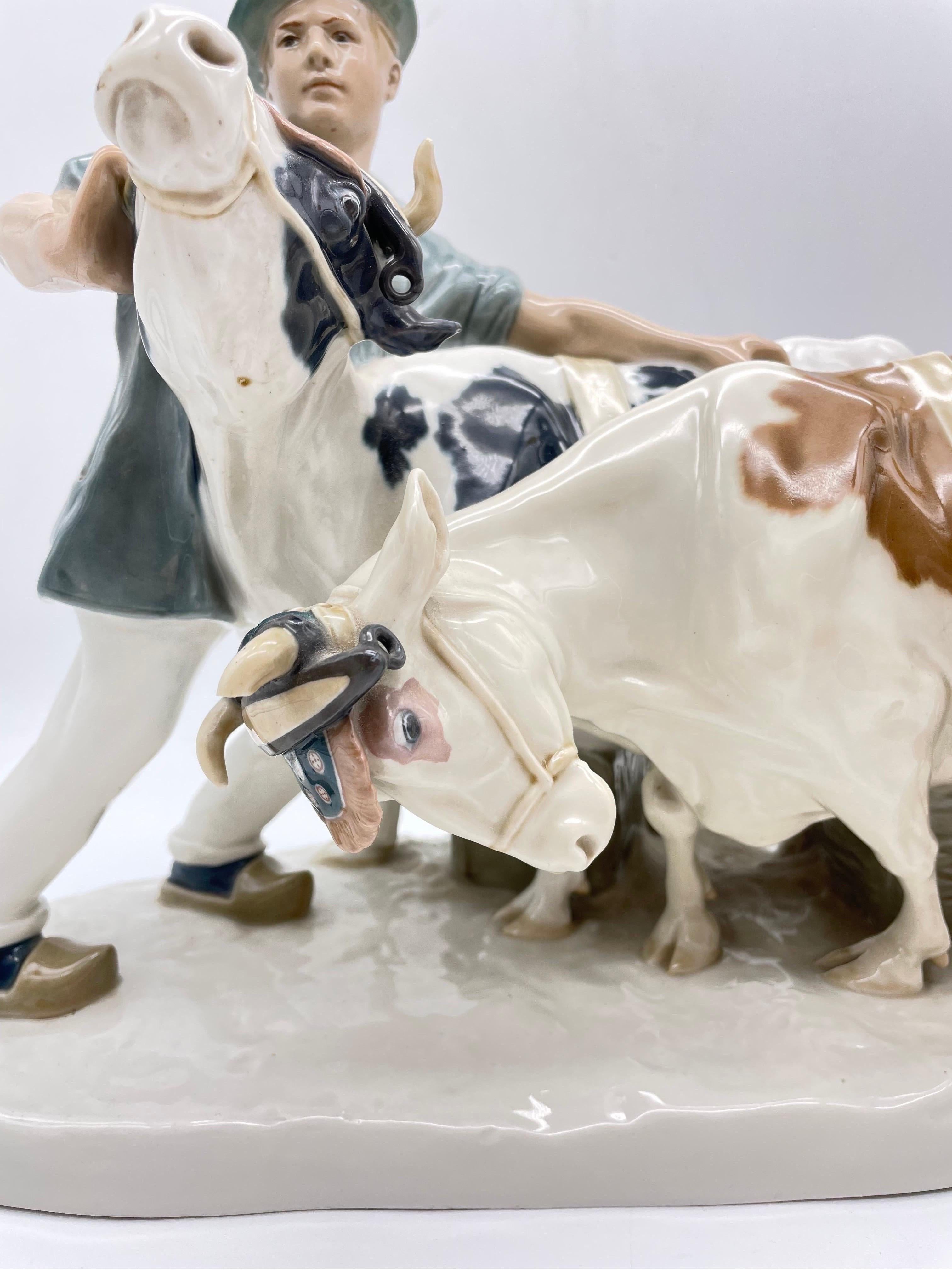 Porcelain Large Meissen Group of Figures Farmer with Oxen, Art Nouveau For Sale