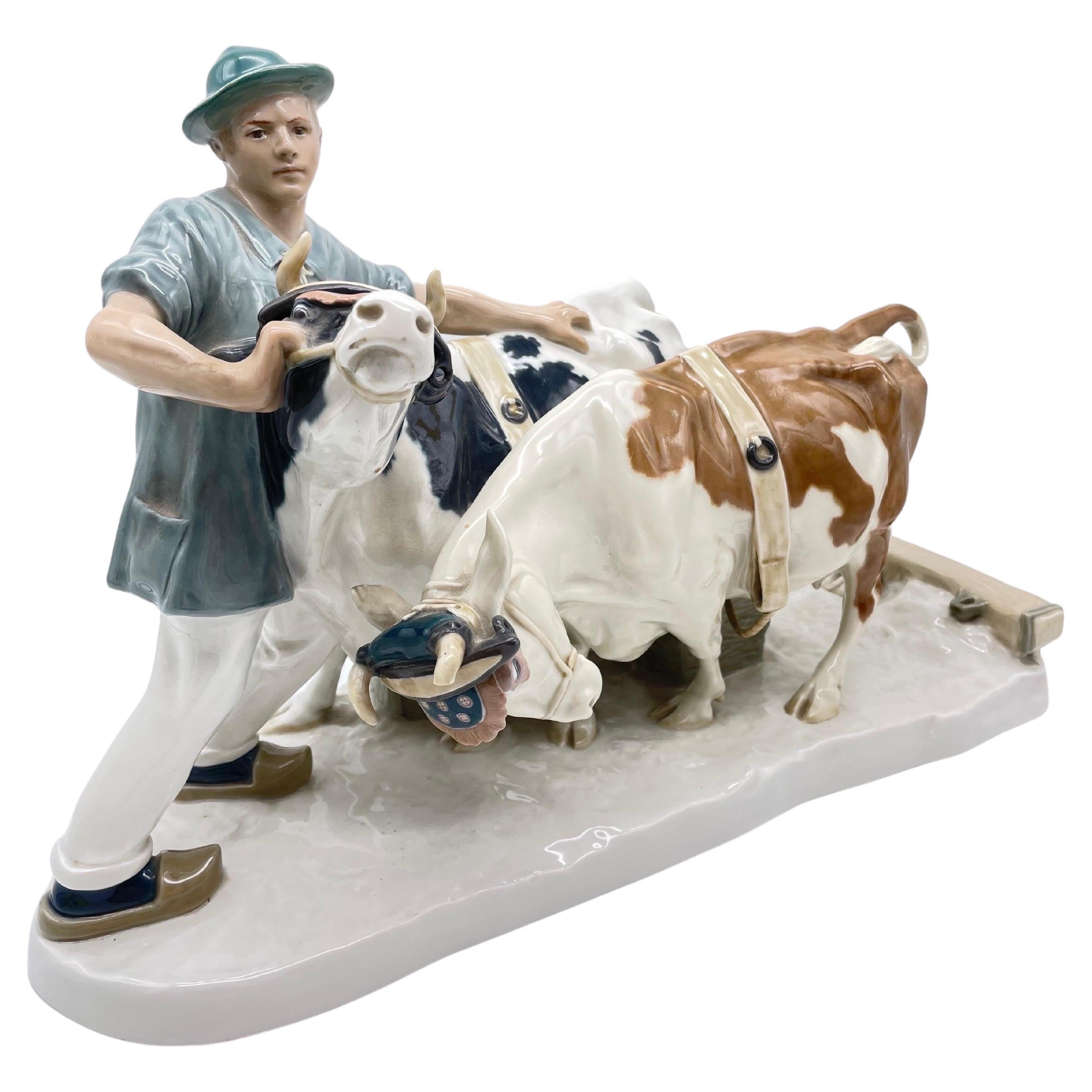 Large Meissen Group of Figures Farmer with Oxen, Art Nouveau For Sale