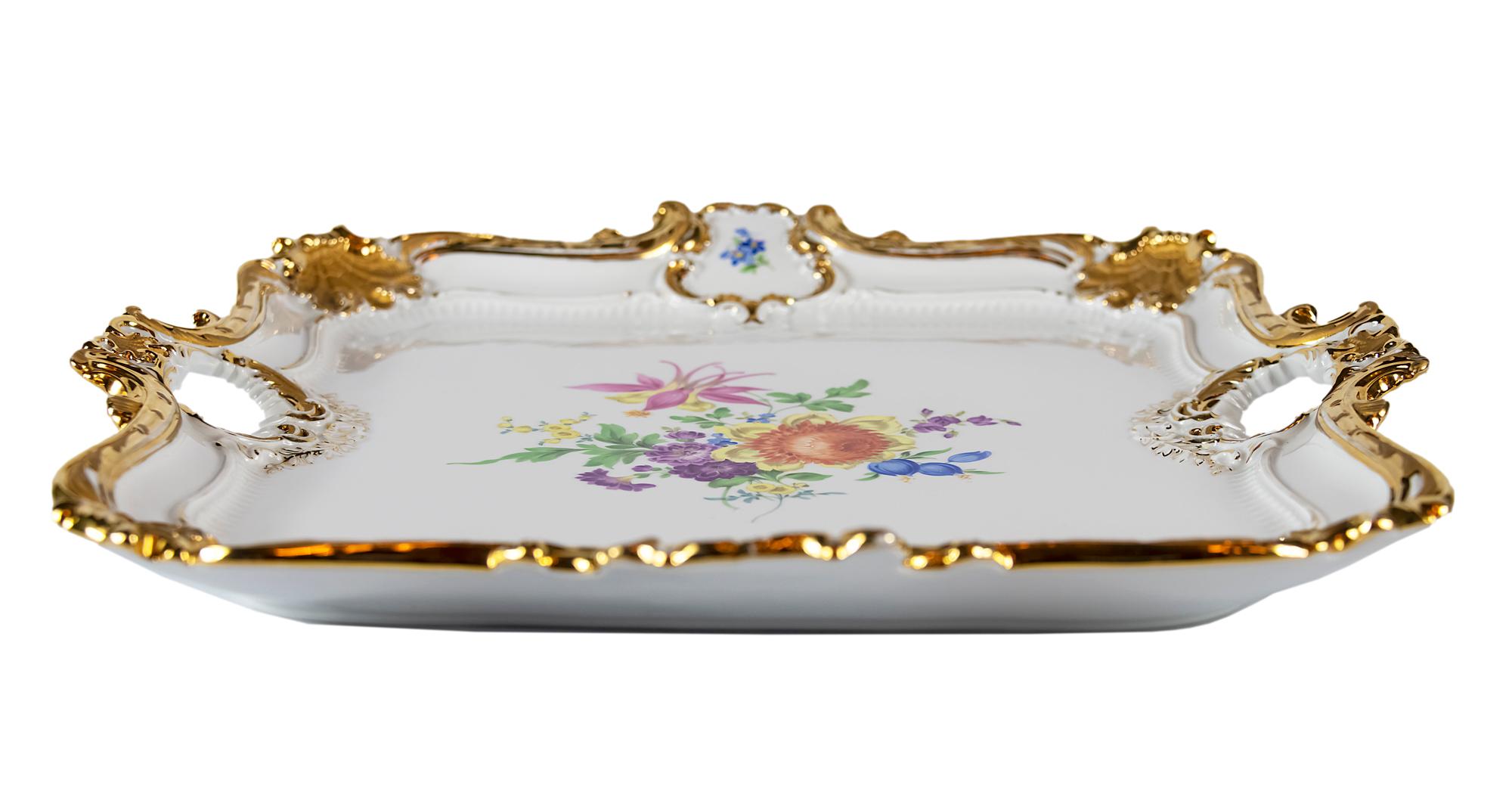 Large Meissen Porcelain serving plate/tray with hand painted floral motives and rich gold decor.