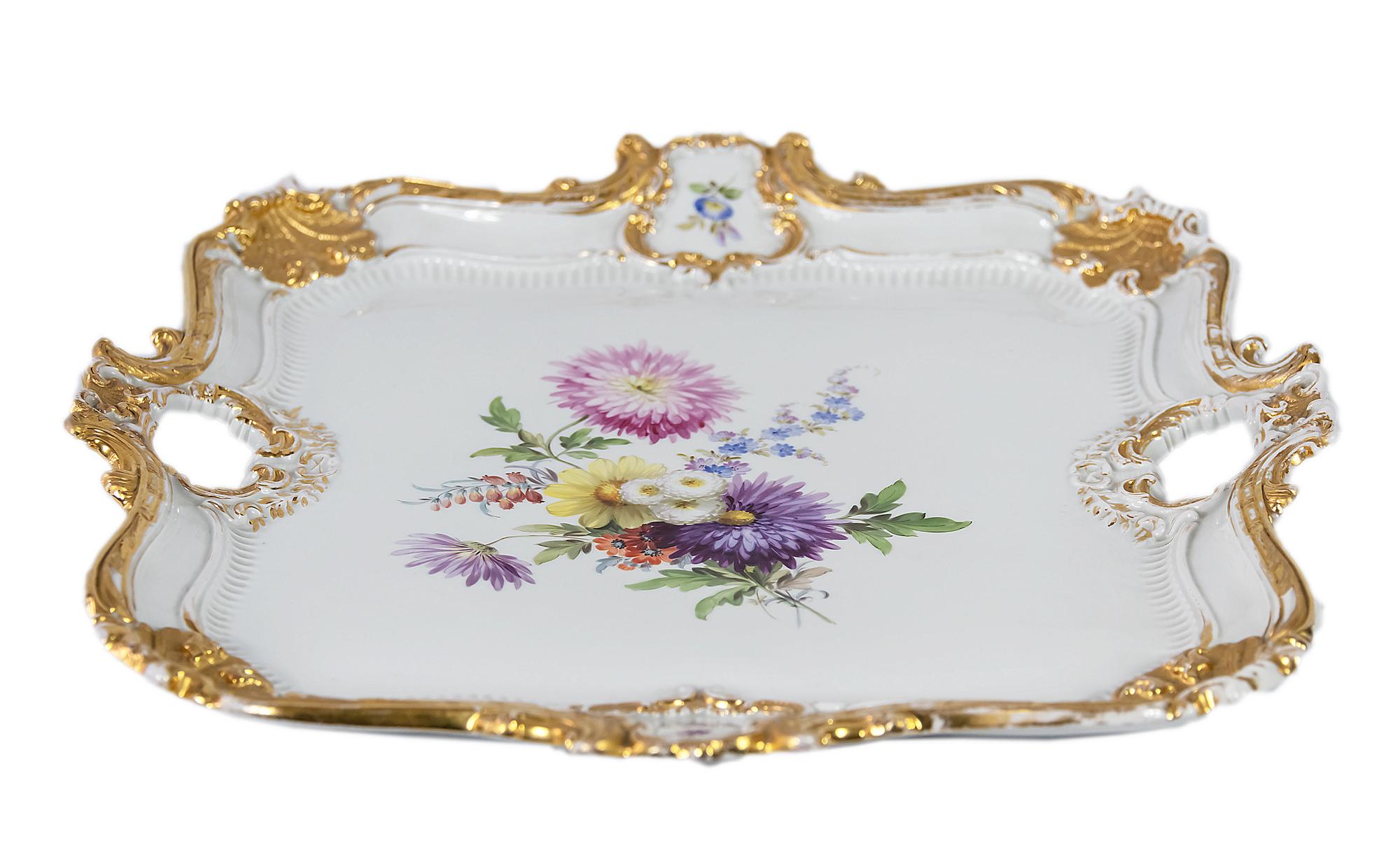 Large antique Meissen Porcelain serving plate/tray with hand painted floral motives and rich gold decor.
