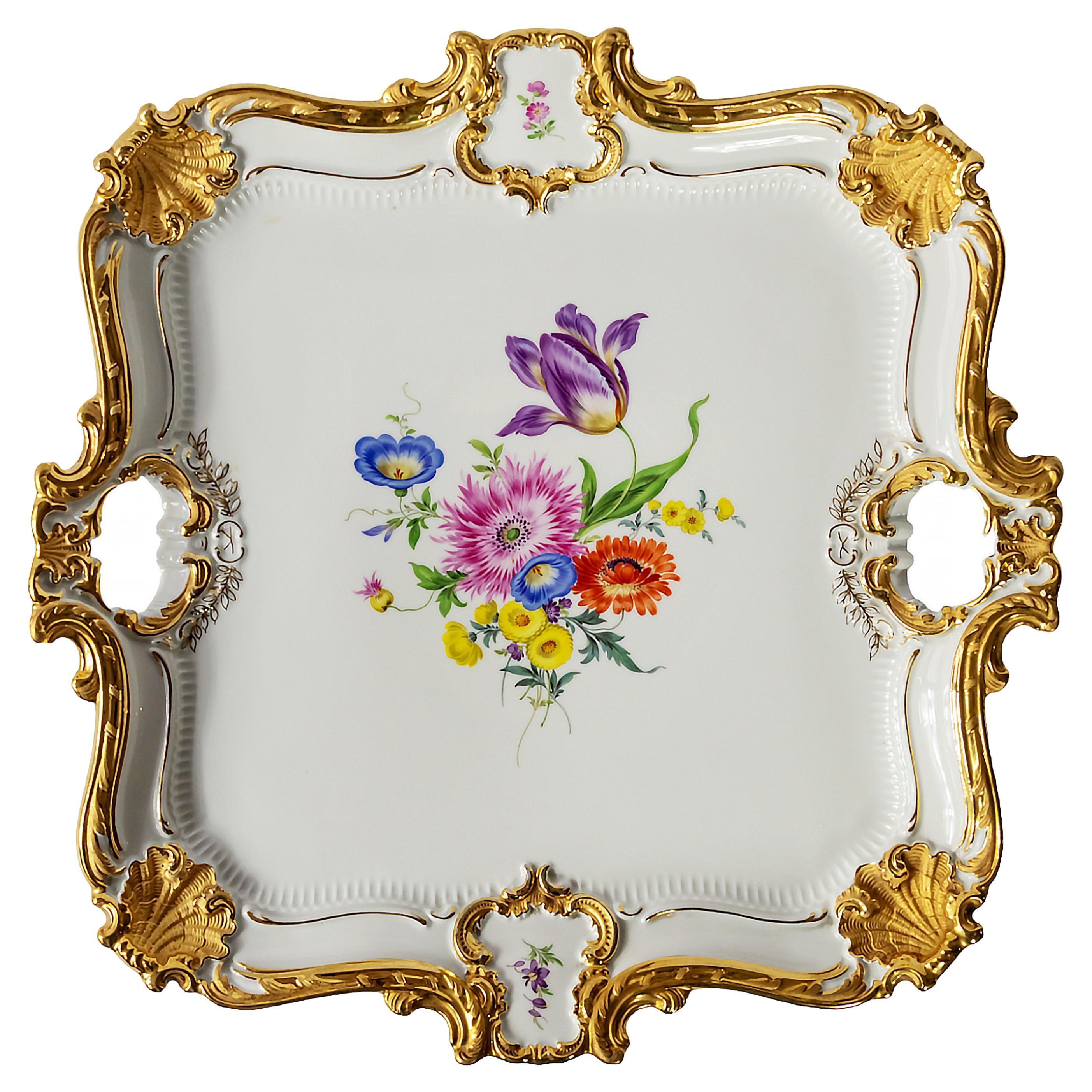 Large Meissen Hand Painted Gilded Porcelain Serving Plate/Tray For Sale