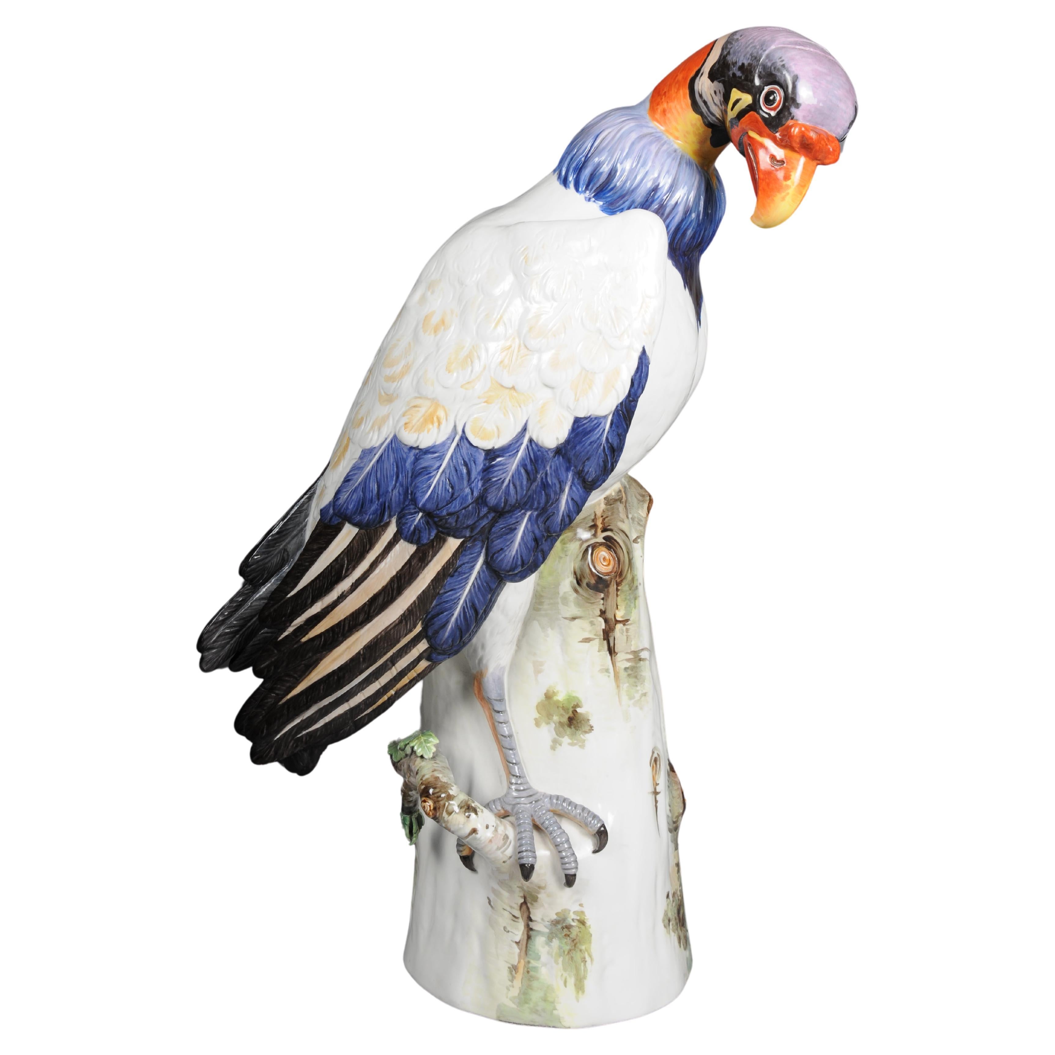 Large Meissen King Vulture standing on a tree trunk, around 1880
