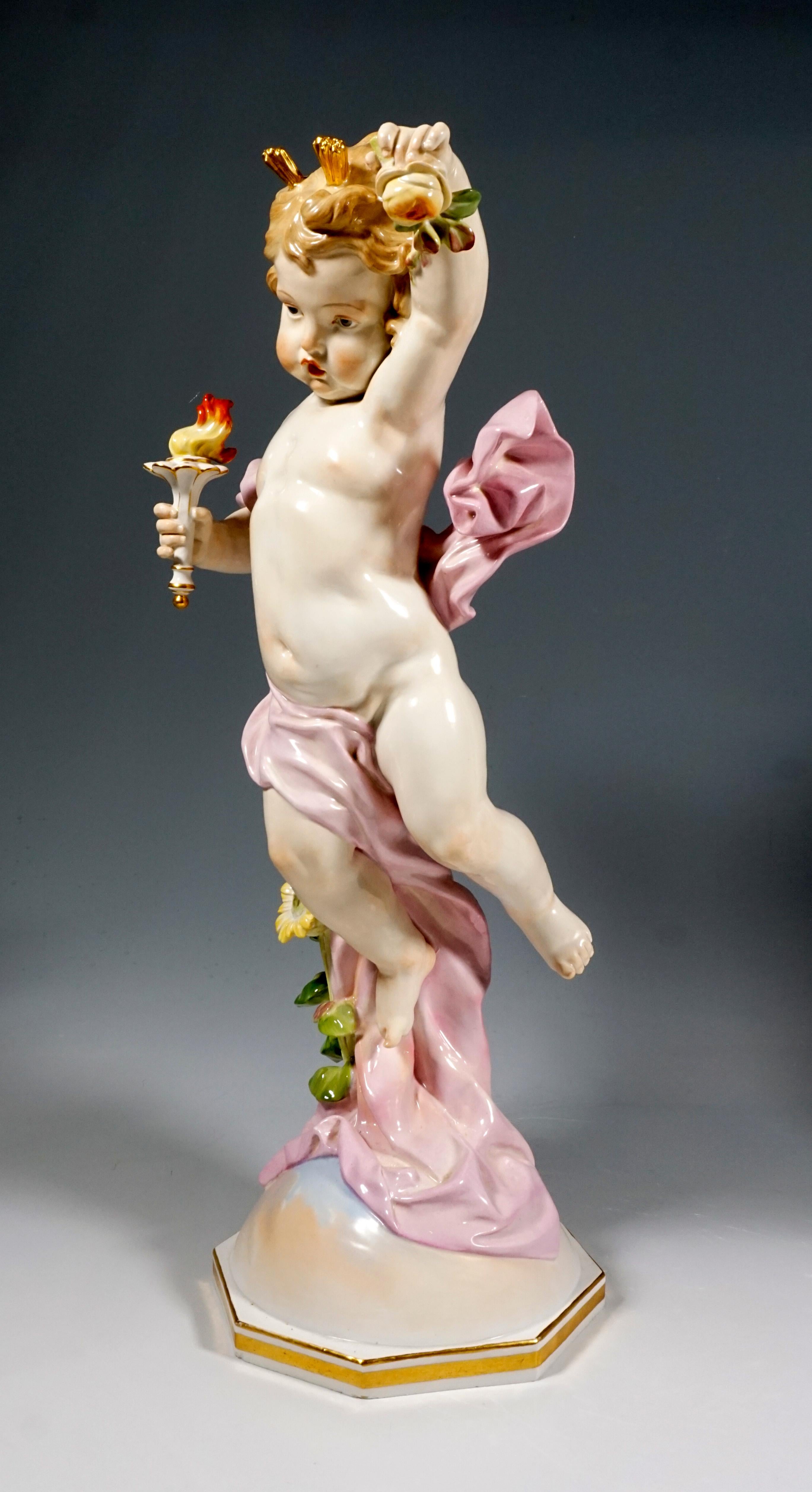 Two putti, each wrapped in large cloths, float above the earth's atmosphere:
The day in a bright pink cloth, the left arm, holding a rose blossom, stretching upwards full of morning energy, carrying a torch in the right hand, symbol of warmth and