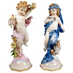 Antique Large Meissen Pair Of Figures, 'Day & Night' by Heinrich Schwabe, circa 1890