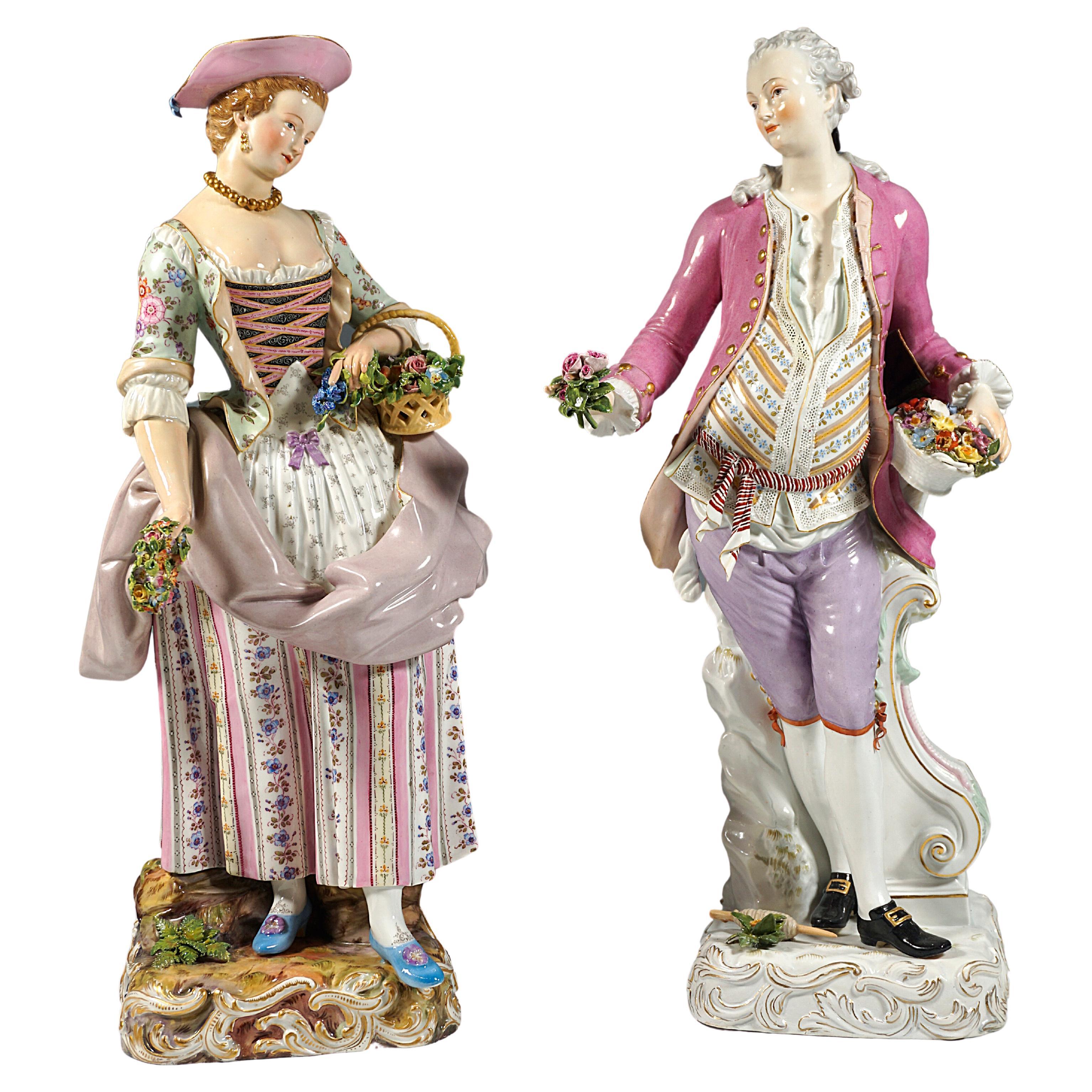 Large Meissen Pair Of Gardener Figurines, By Kaendler & Schoenheit, Ca 1860