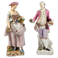 Antique Large Meissen Pair Of Gardener Figurines, By Kaendler & Schoenheit, Ca 1860