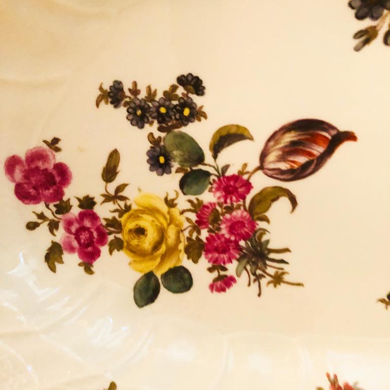 Other Large Meissen Platter with Botanical Paintings, Fluted Border and Curved Edges