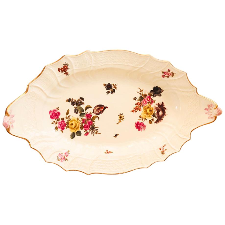 Large Meissen Platter with Botanical Paintings, Fluted Border and Curved Edges