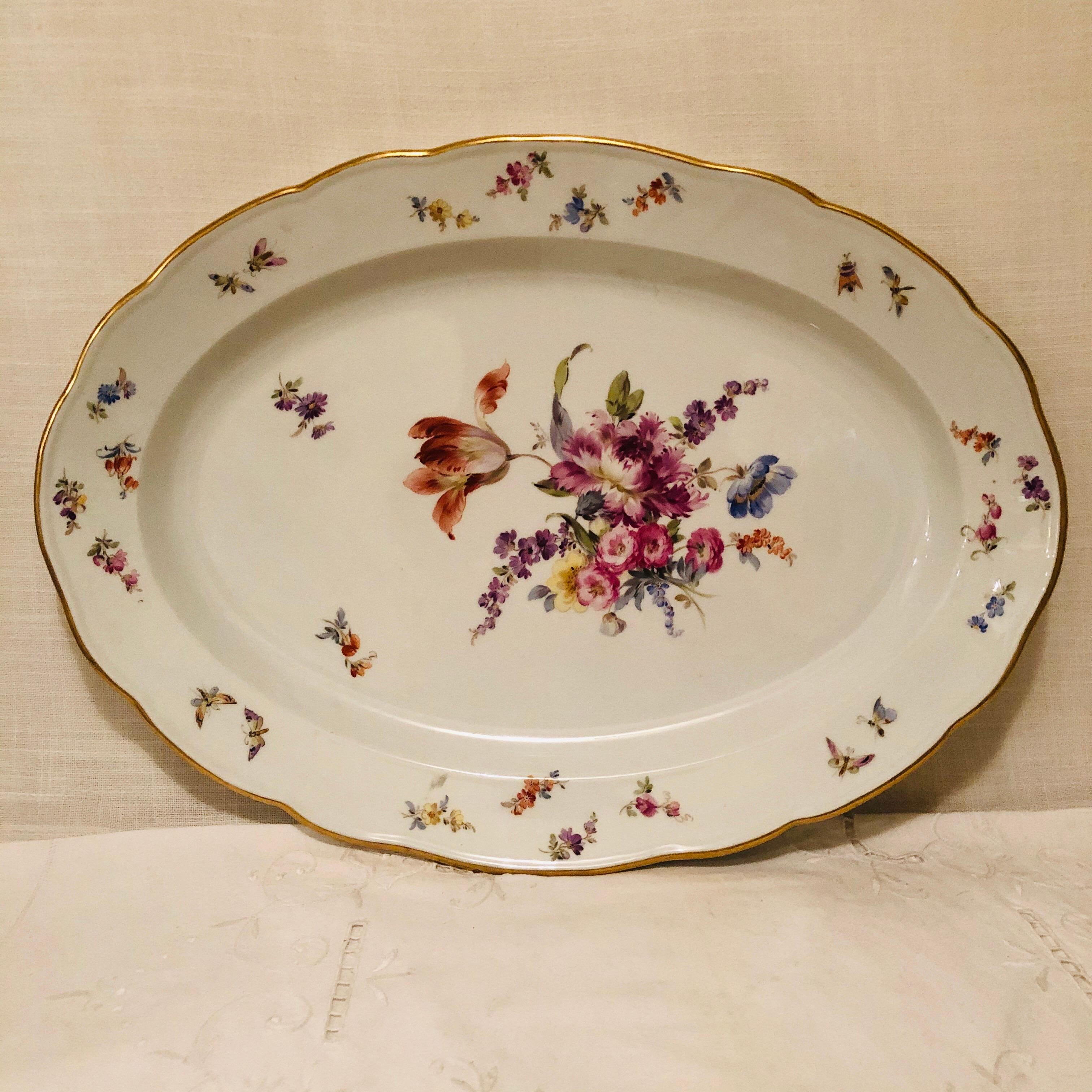 Porcelain Large Meissen Platter with Fabulous Painting of a Bouquet of Flowers and Insects