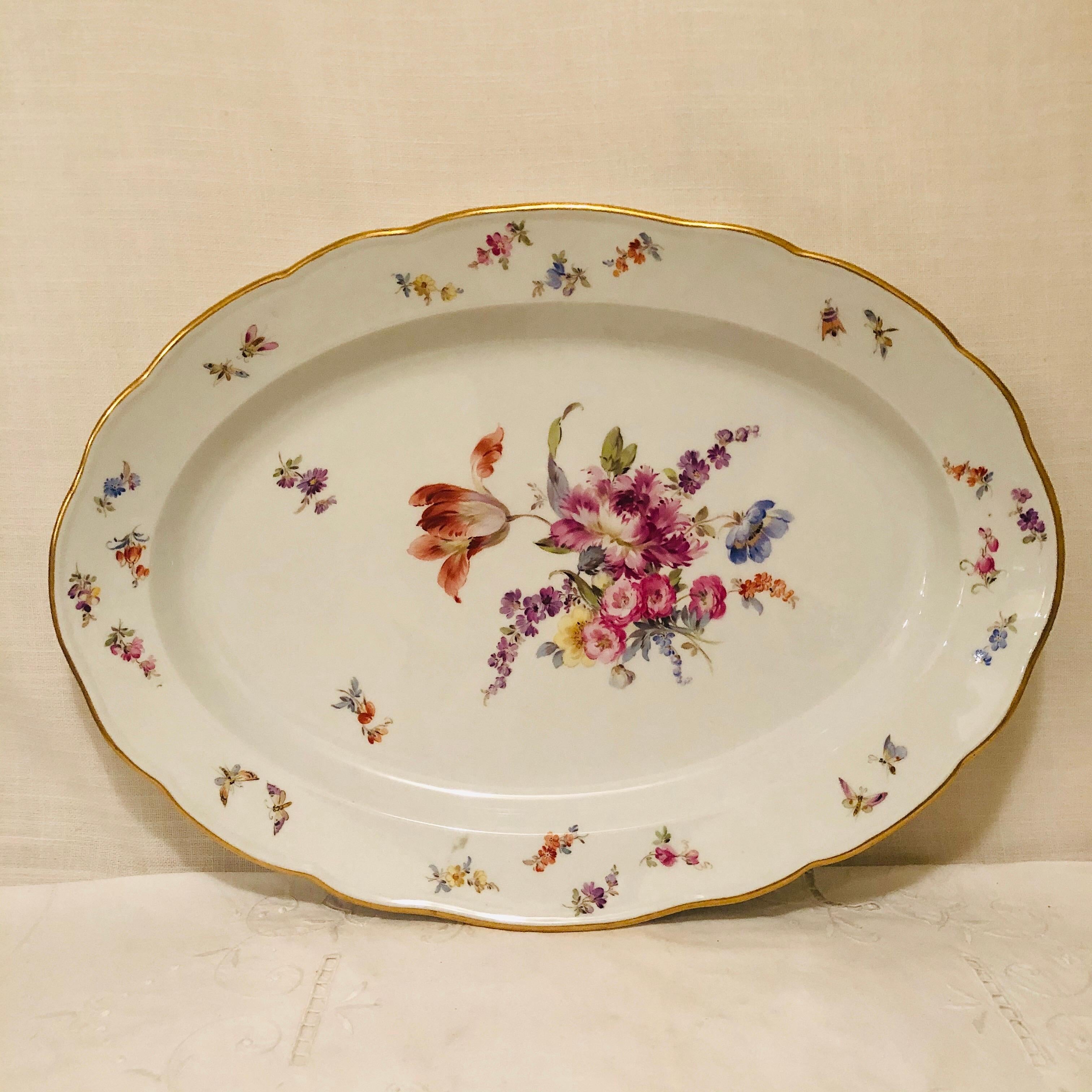 Romantic Large Meissen Platter with Fabulous Painting of a Bouquet of Flowers and Insects