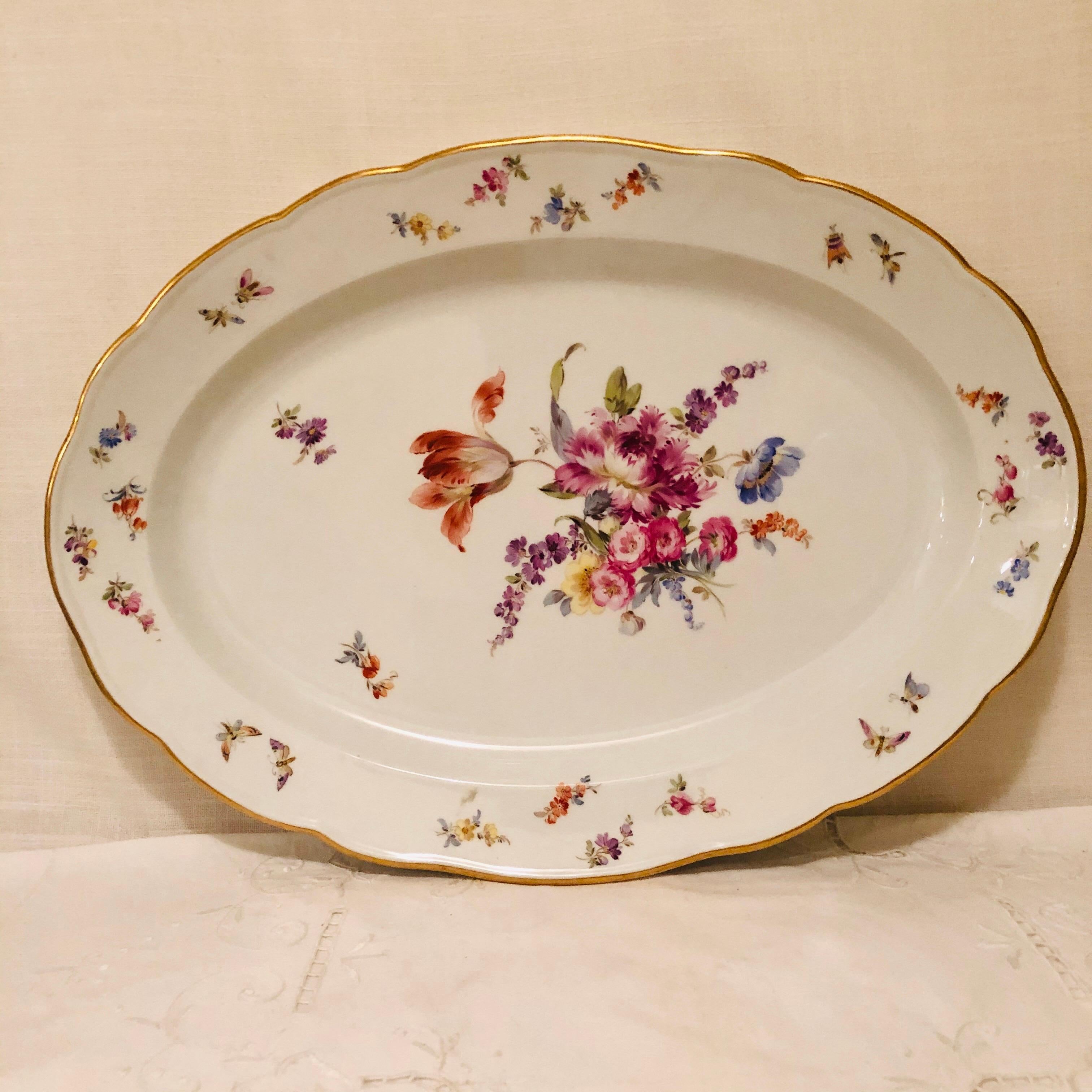Hand-Painted Large Meissen Platter with Fabulous Painting of a Bouquet of Flowers and Insects