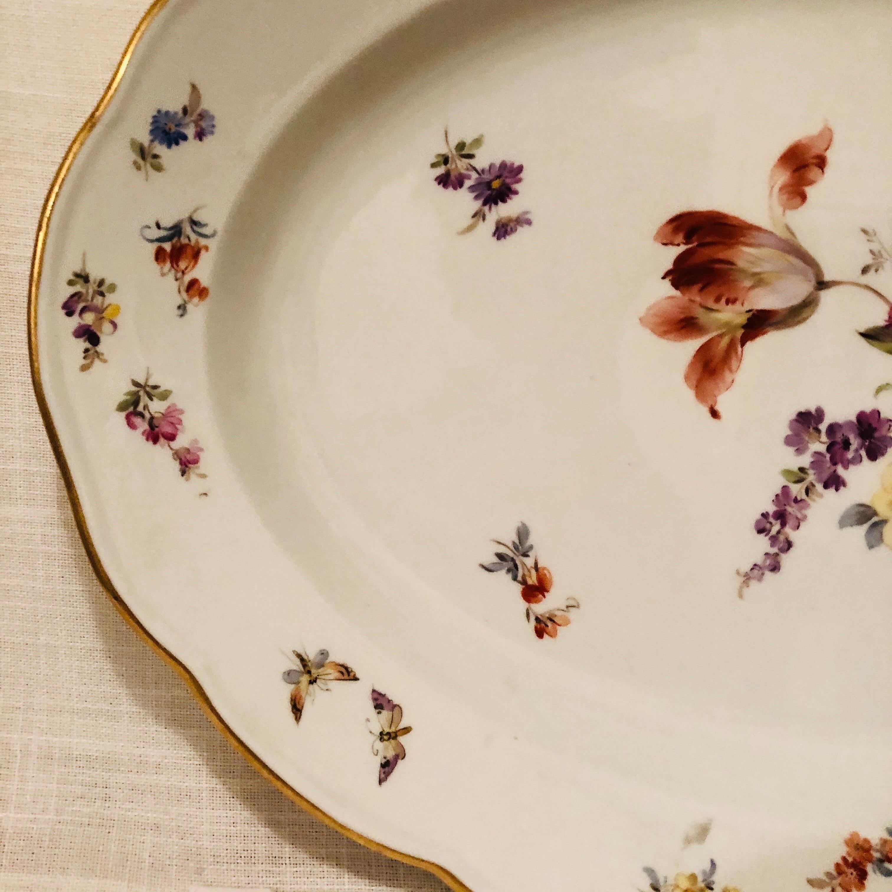 Late 19th Century Large Meissen Platter with Fabulous Painting of a Bouquet of Flowers and Insects