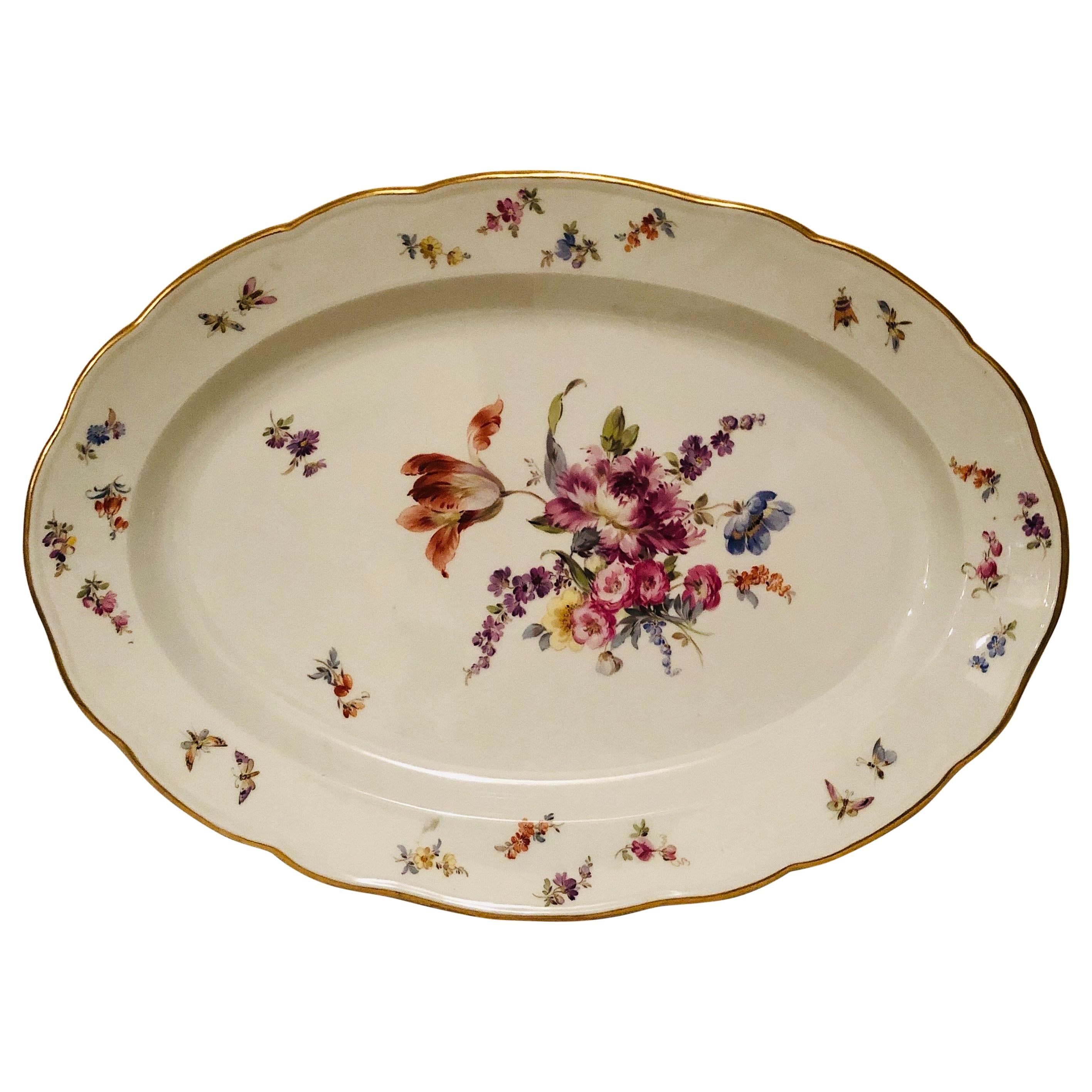 Large Meissen Platter with Fabulous Painting of a Bouquet of Flowers and Insects
