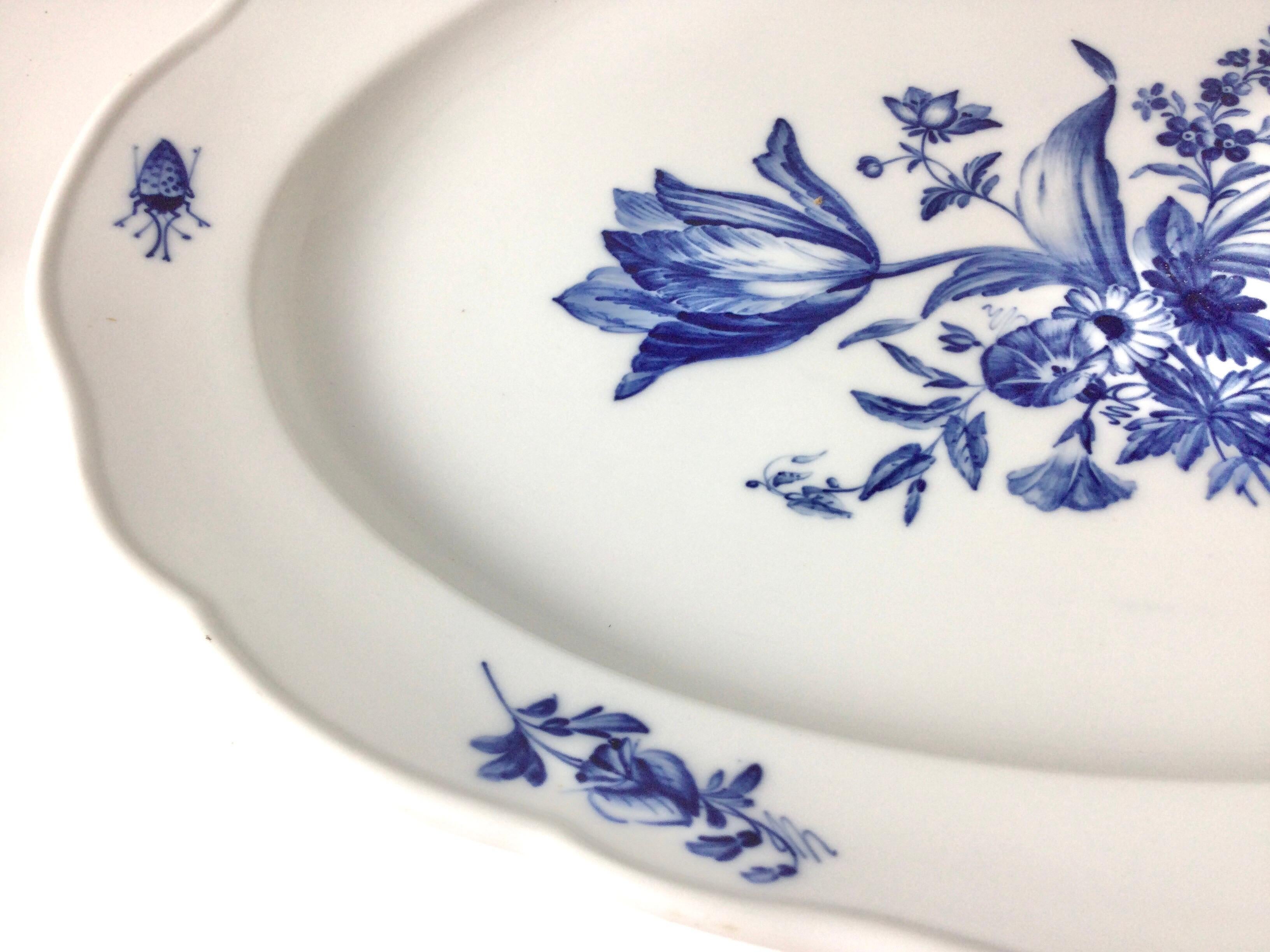 Large Meissen Platter with Painted Blue Bouquet of Flowers and Insects 1