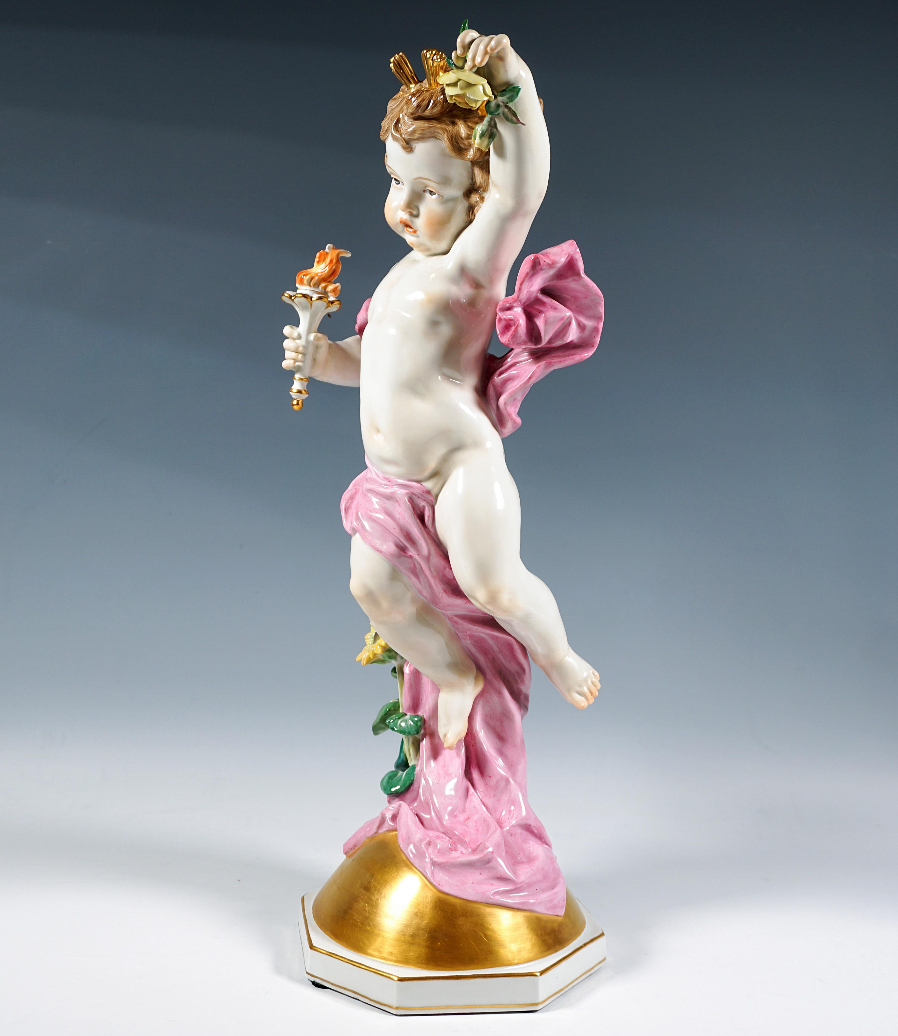 Large putto floating above the earth's atmosphere:
Day, in a bright pink robe, holding a rose blossom in his left arm, stretching upwards full of morning energy, in his right hand a torch, the symbol of warmth and light, sunrays adorn his head, a