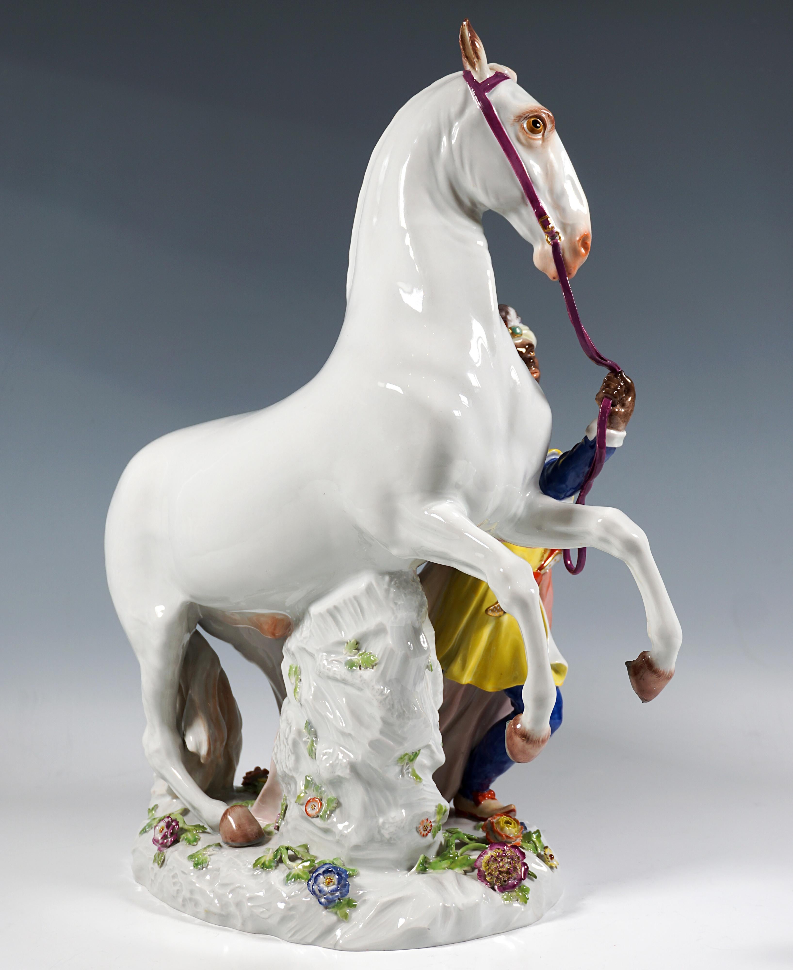 Large Meissen Porcelain Group, Young Man With A White Horse, By Kaendler, 20th Rococó en venta