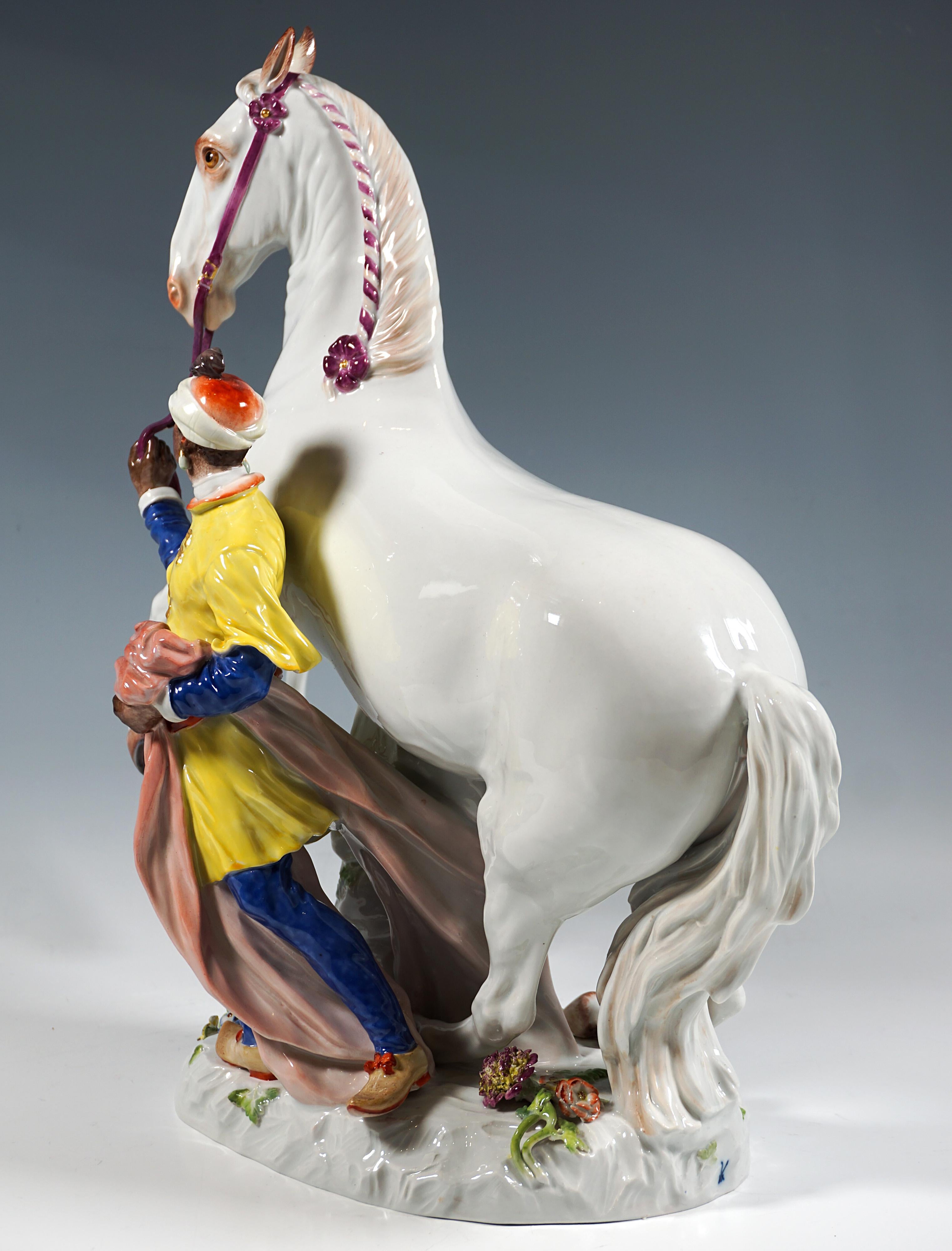Large Meissen Porcelain Group, Young Man With A White Horse, By Kaendler, 20th Hecho a mano en venta