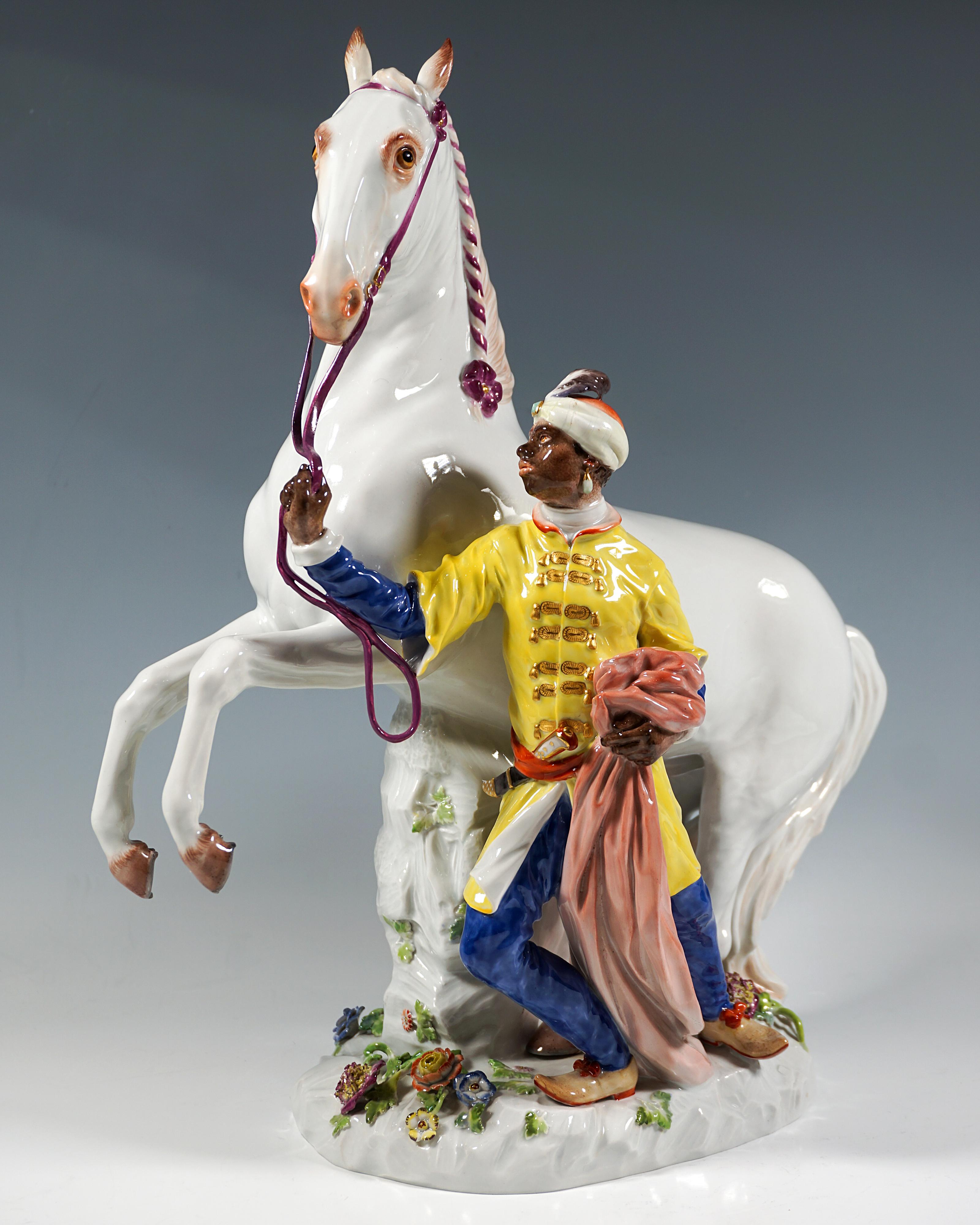 Large Meissen Porcelain Group, Young Man With A White Horse, By Kaendler, 20th en Bueno estado para la venta en Vienna, AT