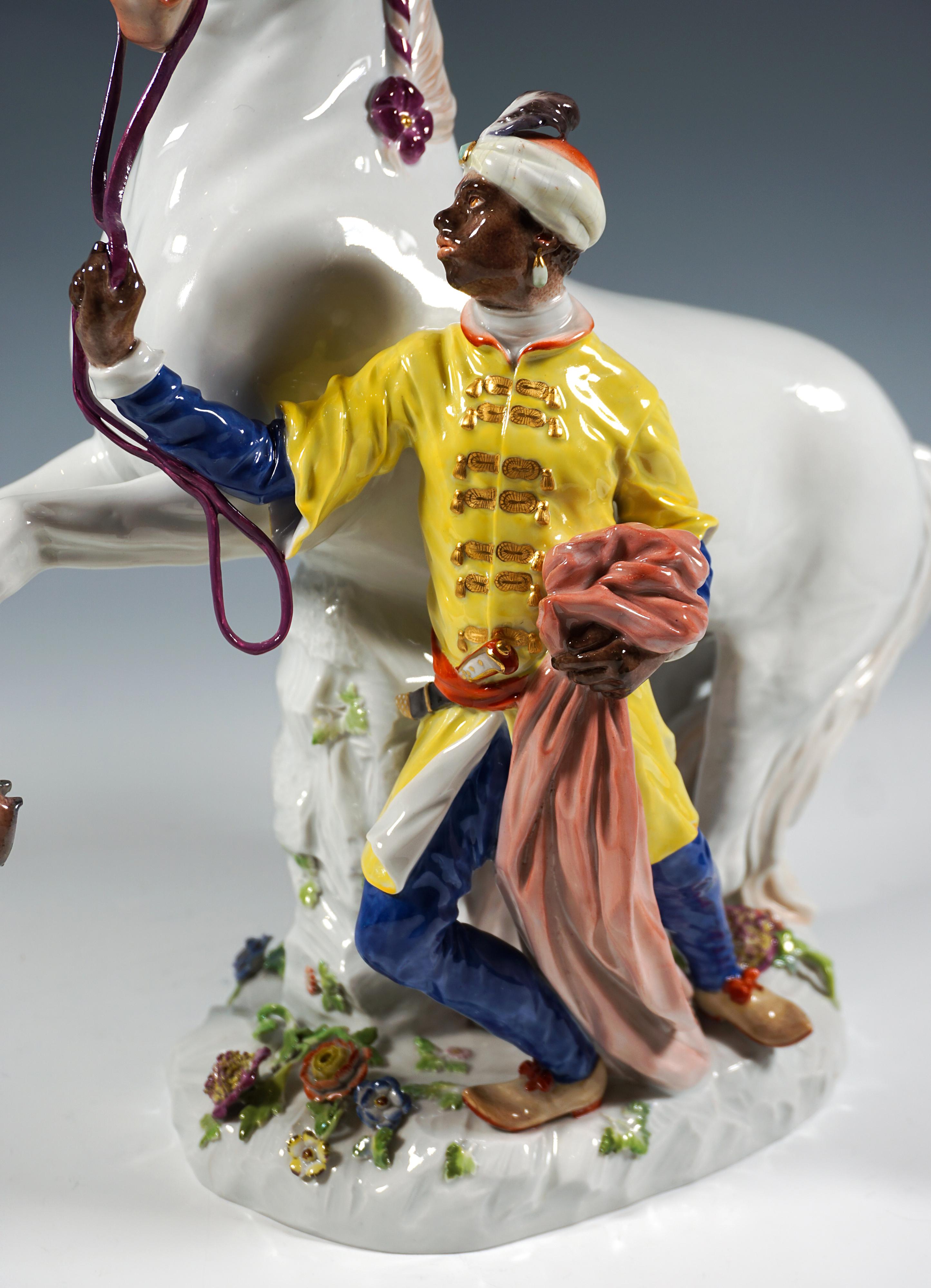 Large Meissen Porcelain Group, Young Man With A White Horse, By Kaendler, 20th Porcelana en venta