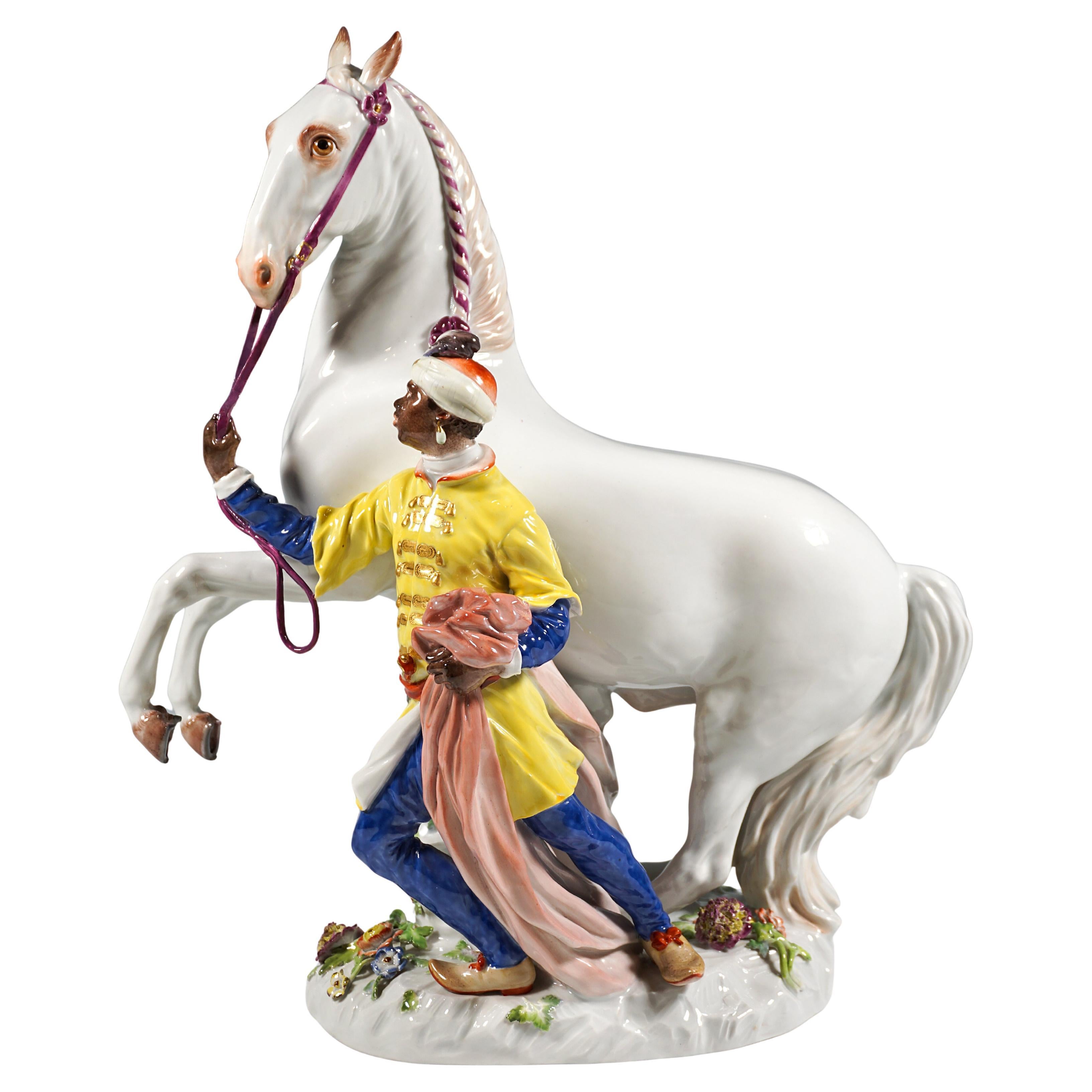 Large Meissen Porcelain Group, Young Man With A White Horse, By Kaendler, 20th