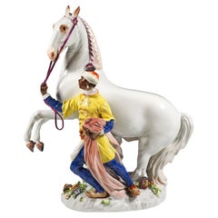 Large Meissen Porcelain Group, Young Man With A White Horse, By Kaendler, 20th