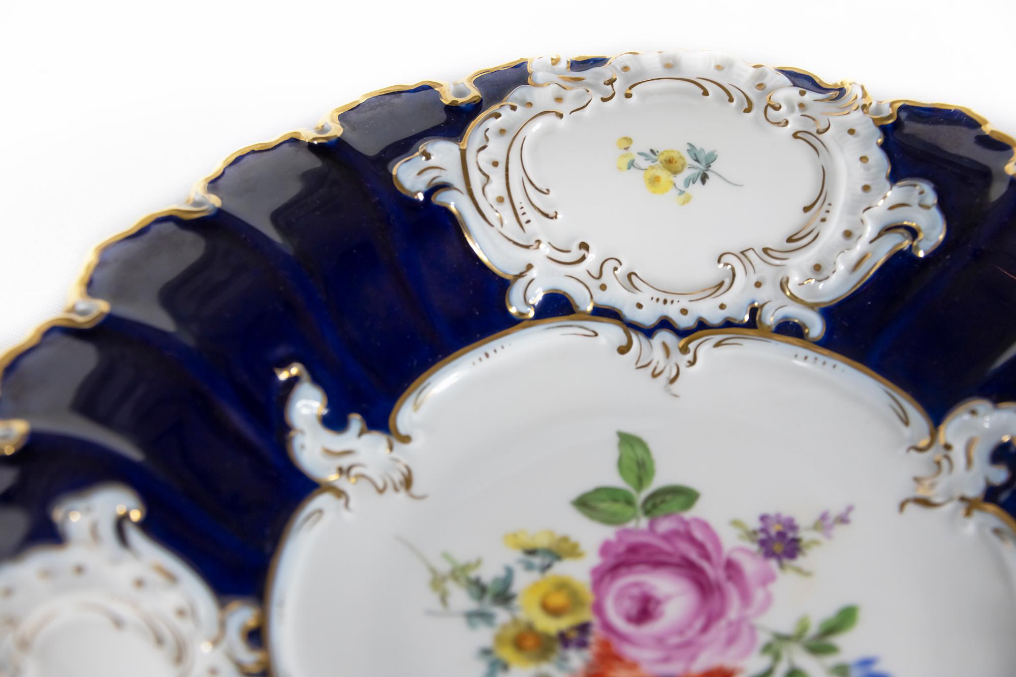 German Large Meissen Porcelain Hand Painted and Gilded Cobalt Blue Plate