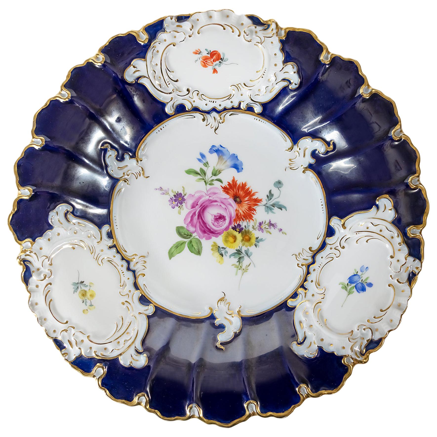 Large Meissen Porcelain Hand Painted and Gilded Cobalt Blue Plate