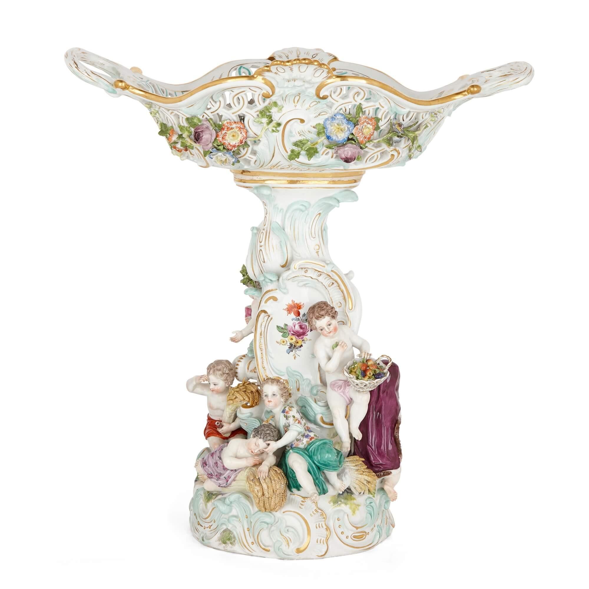 Large Meissen porcelain Rococo style centrepiece
German, Late 19th Century
Height 42cm, width 40cm, depth 25cm

According to a design by E. A. Leuteritz, this superb centrepiece was made by the Meissen porcelain manufactory in the late nineteenth