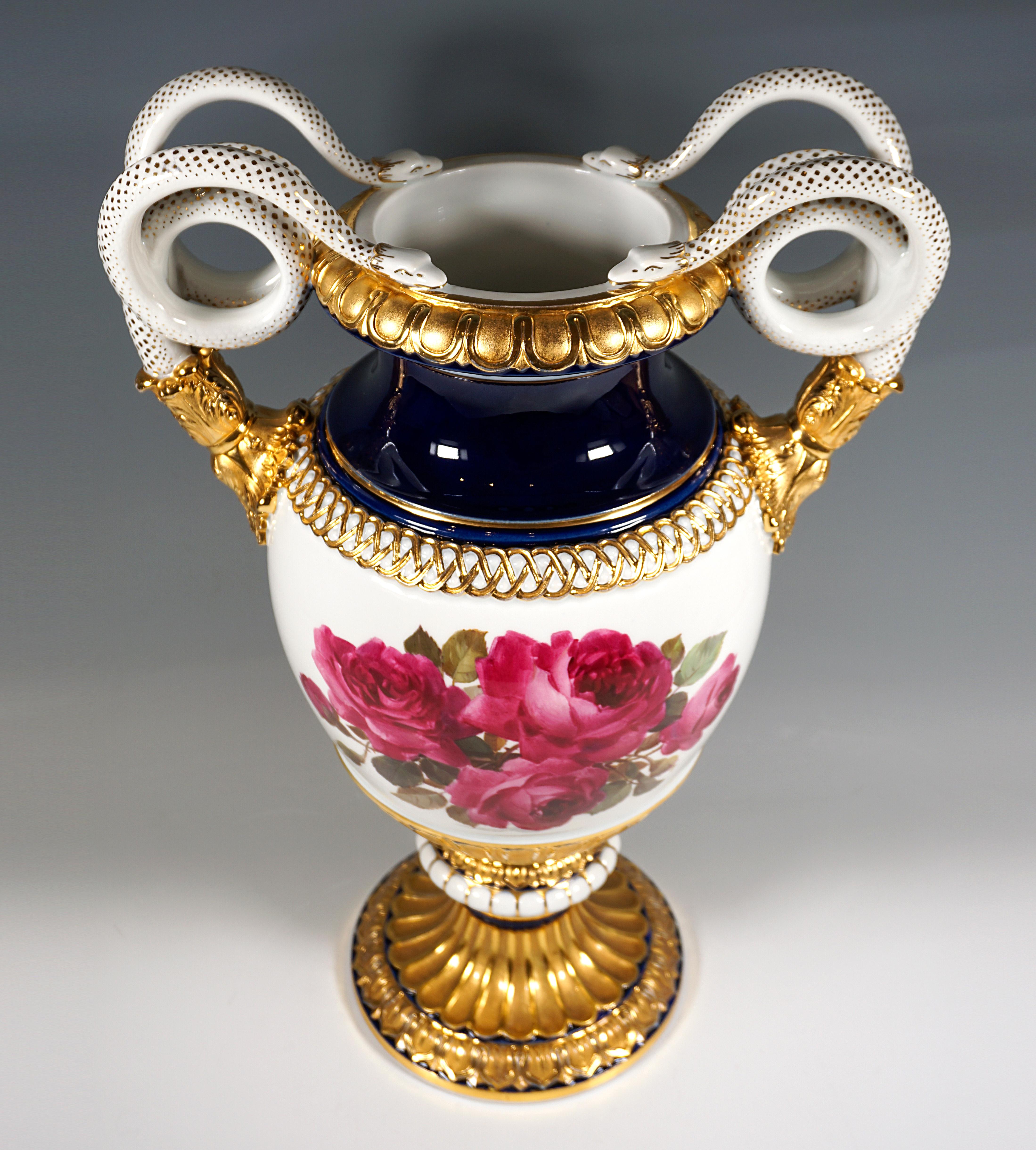 Baroque Meissen Snake Handle Vase with Rose Soft Painting, by Leuteritz, ca 1865 H:49 cm