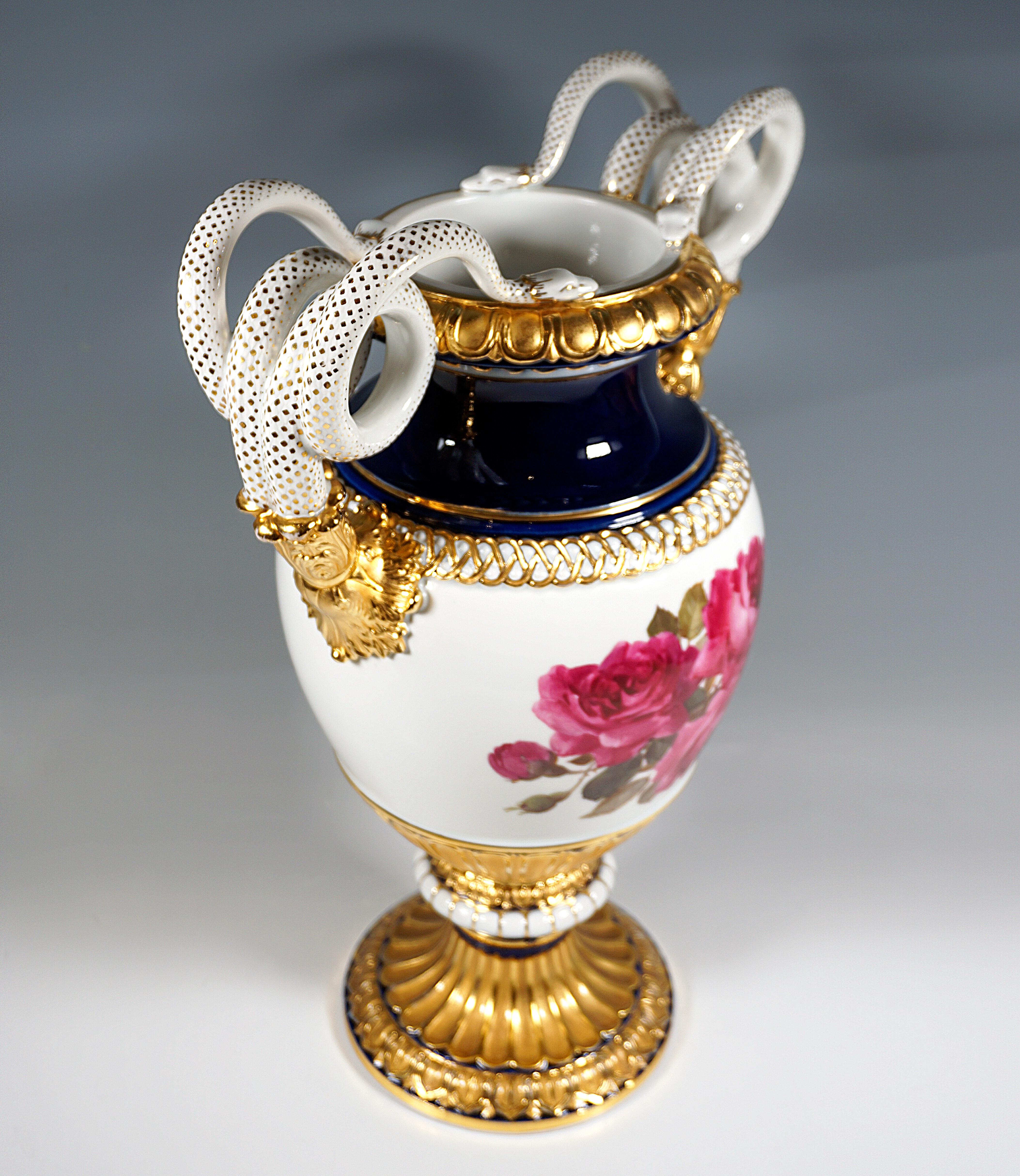 German Meissen Snake Handle Vase with Rose Soft Painting, by Leuteritz, ca 1865 H:49 cm