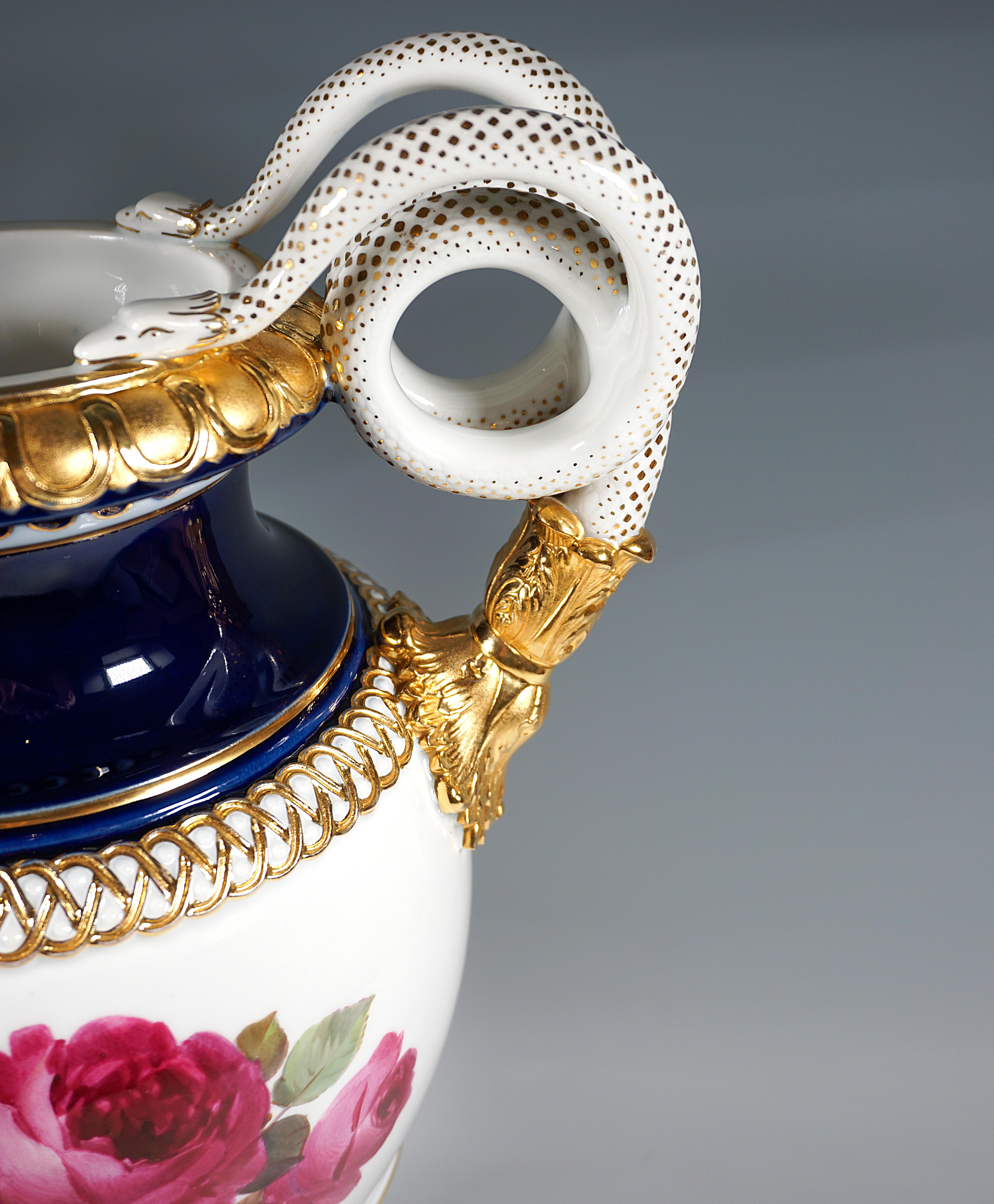 Meissen Snake Handle Vase with Rose Soft Painting, by Leuteritz, ca 1865 H:49 cm In Good Condition In Vienna, AT
