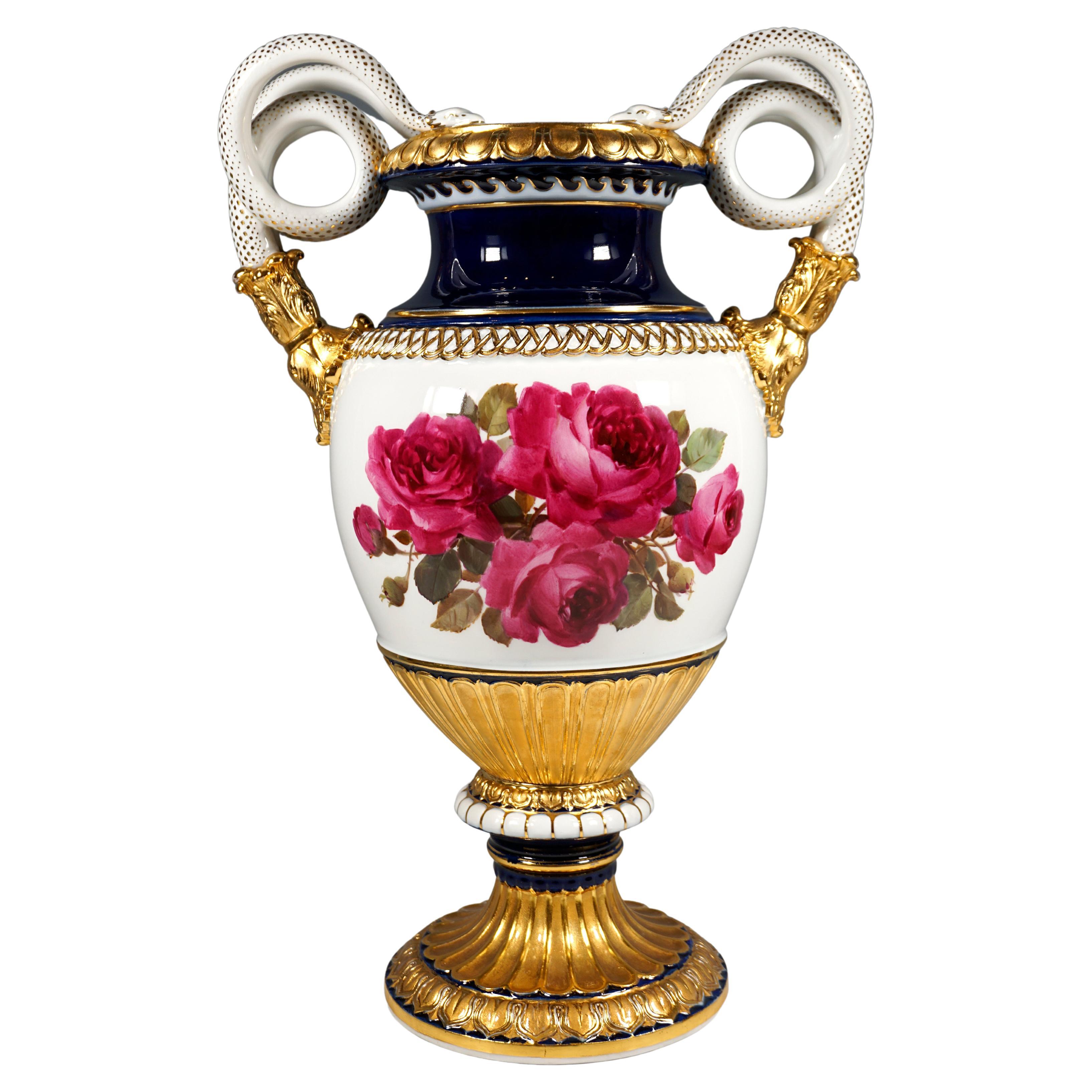 Meissen Snake Handle Vase with Rose Soft Painting, by Leuteritz, ca 1865 H:49 cm